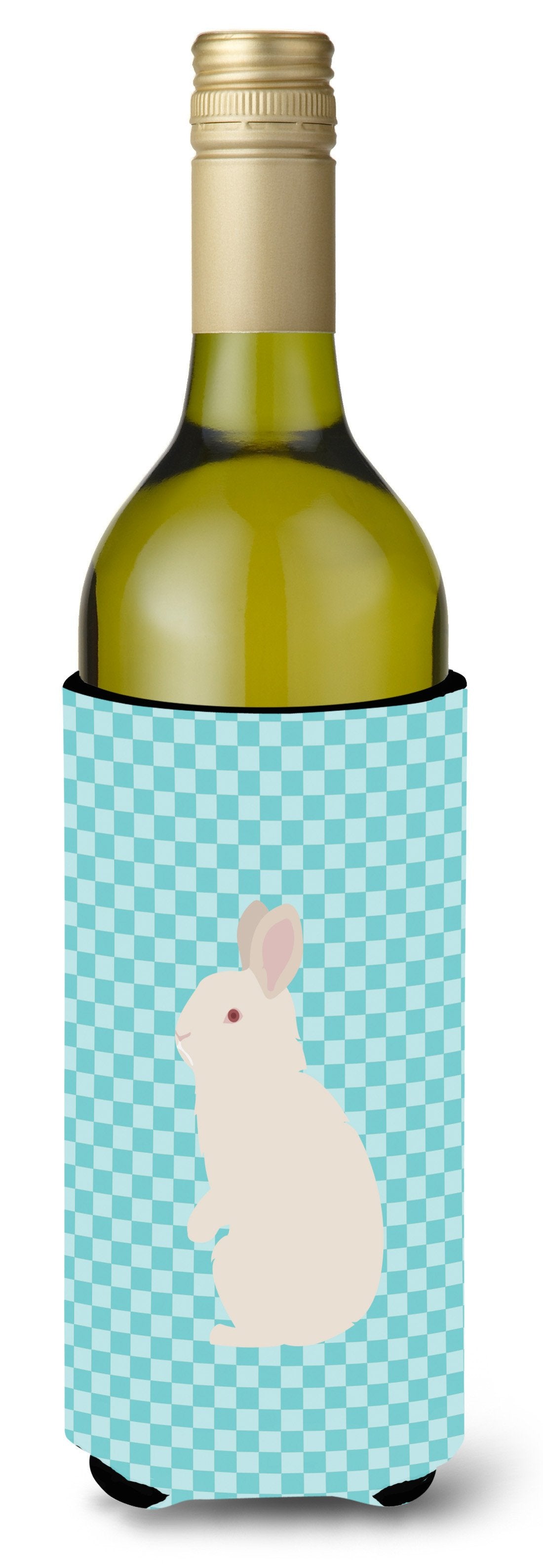 New Zealand White Rabbit Blue Check Wine Bottle Hugger Gift Sleeve for Standard 750 ml Bottles, Insulated Reusable Also Fits Mini Shot & Pint Bottles
