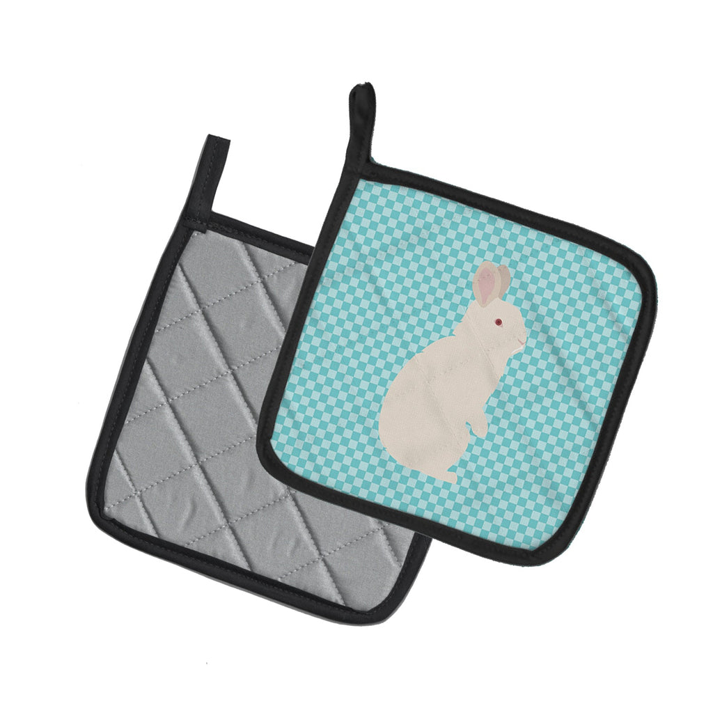 New Zealand White Rabbit Blue Check Pot Holder Set of 2 Heat Resistant Quilted Hot Pads 7.5 x 7.5 Inch, Insulated Kitchen Trivets for Cooking & Baking
