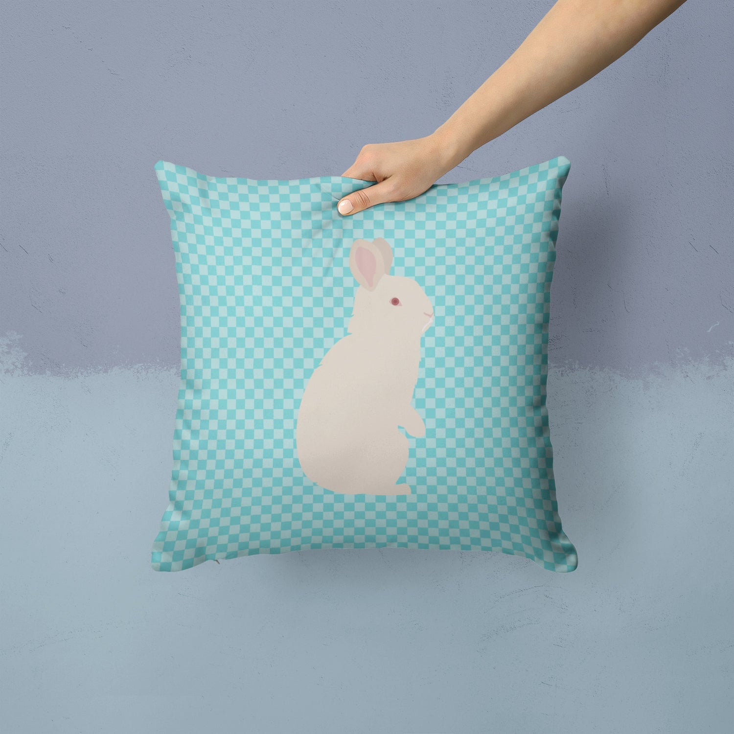 New Zealand White Rabbit Blue Check Decorative Throw Pillow 14x14 Indoor Outdoor Accent Cushion, Fabric Cover with Insert for Sofa, Bed, Porch & Living Room