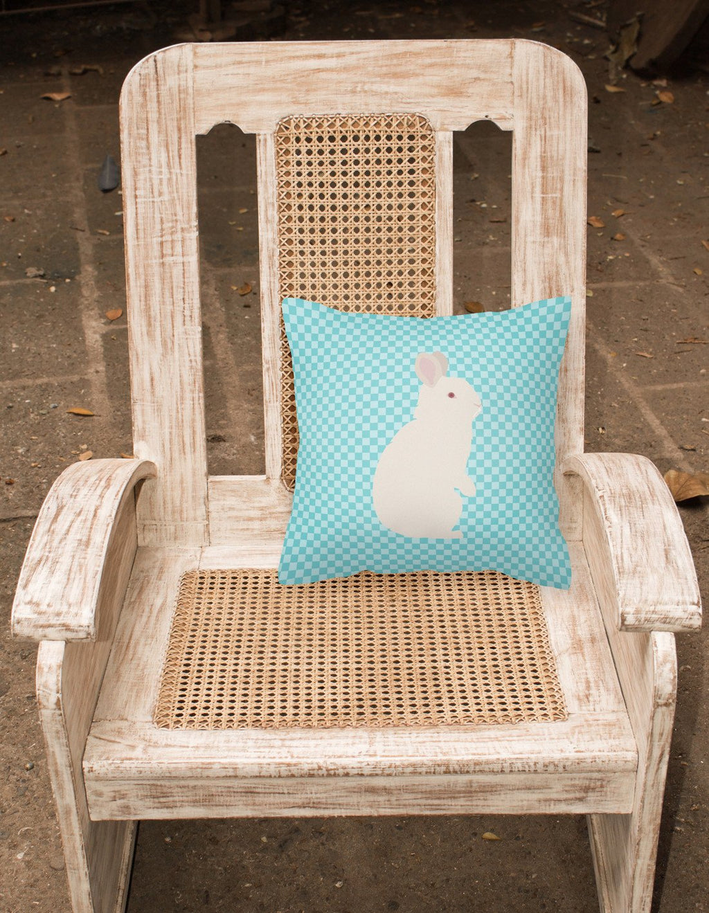 New Zealand White Rabbit Blue Check Decorative Throw Pillow 18x18 Indoor Outdoor Accent Cushion, Fabric Cover with Insert for Sofa, Bed, Porch & Living Room