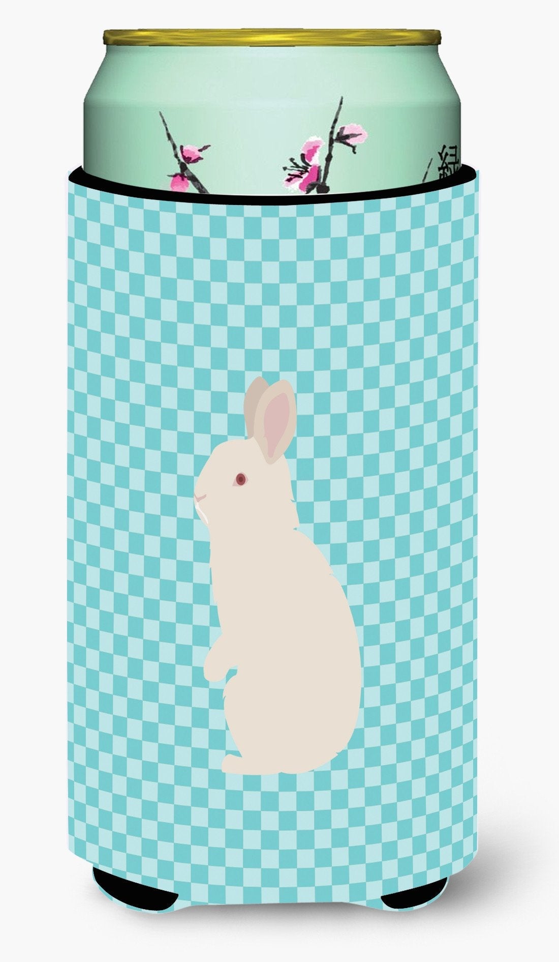 New Zealand White Rabbit Blue Check Tall Boy Hugger Can Cooler Sleeve Machine Washable Drink Collapsible Insulator Beverage Insulated Holder