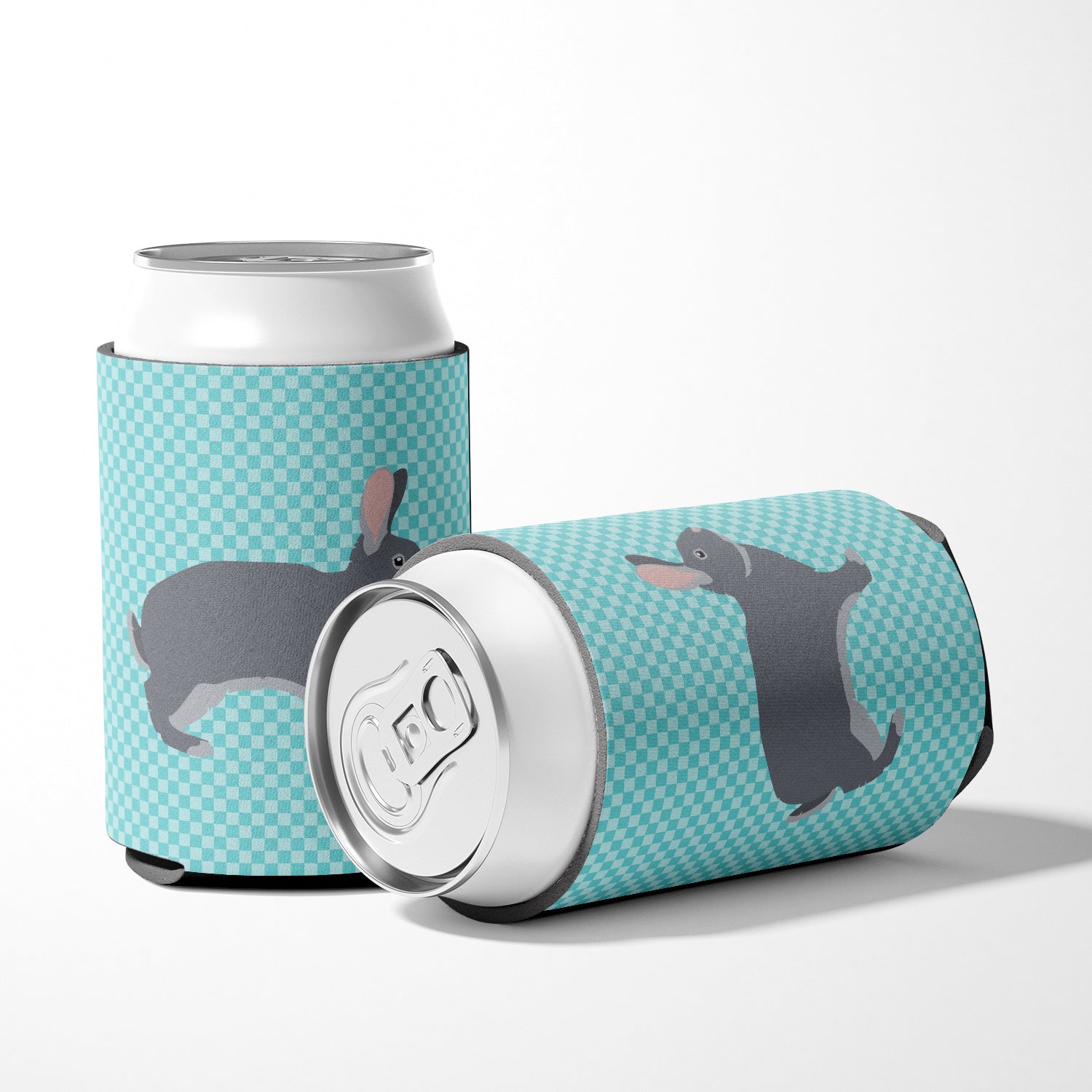 Giant Chinchilla Rabbit Blue Check Can or Bottle Hugger Cooler Sleeve for Standard 12 oz Cans, Insulated Foam Beer & Soda Can Hugger Reusable