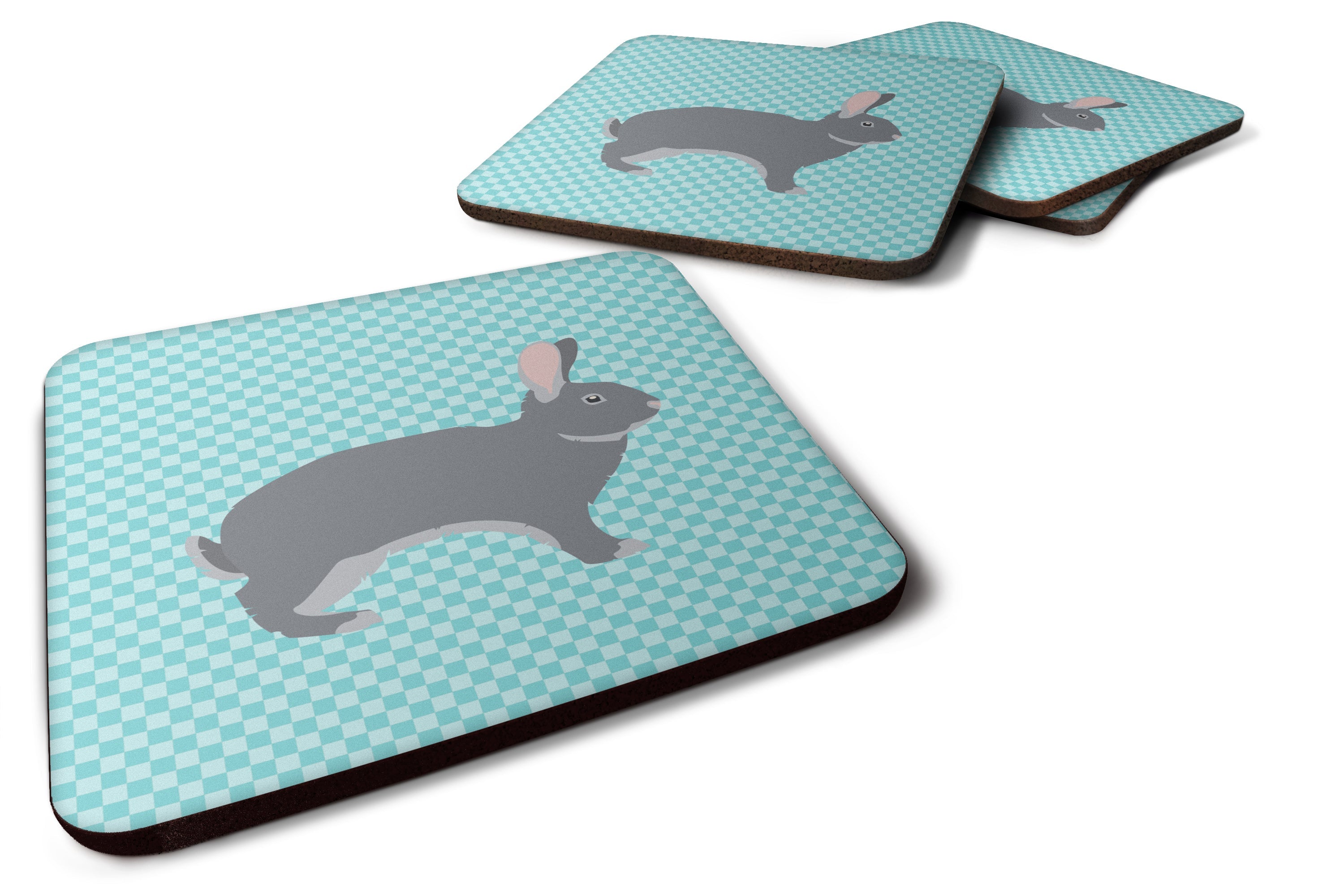 Giant Chinchilla Rabbit Blue Check Foam Coasters Set of 4 Cup Coasters for Indoor Outdoor, Tabletop Protection, Anti Slip, Mouse pad Material