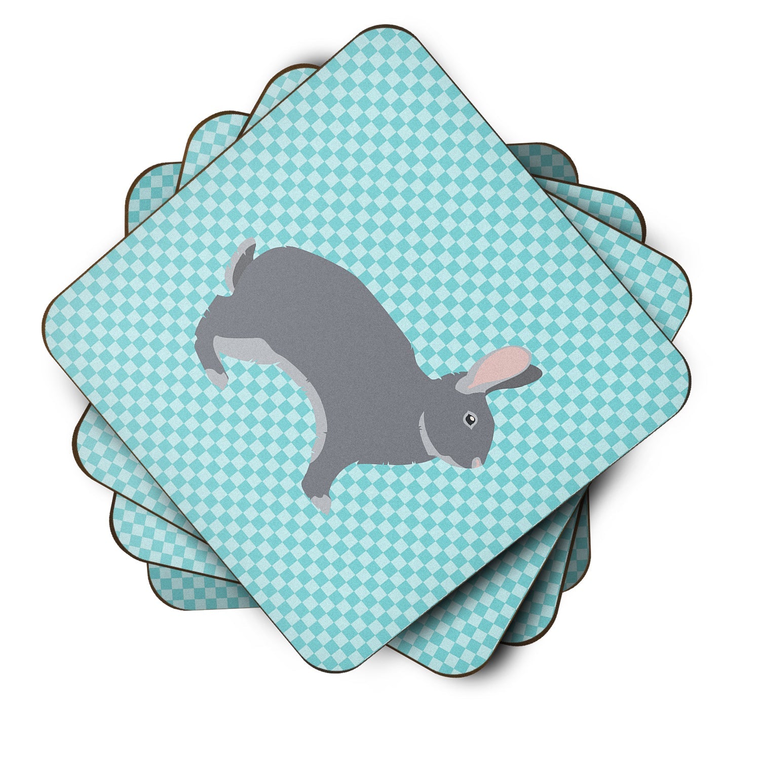 Giant Chinchilla Rabbit Blue Check Foam Coasters Set of 4 Cup Coasters for Indoor Outdoor, Tabletop Protection, Anti Slip, Mouse pad Material