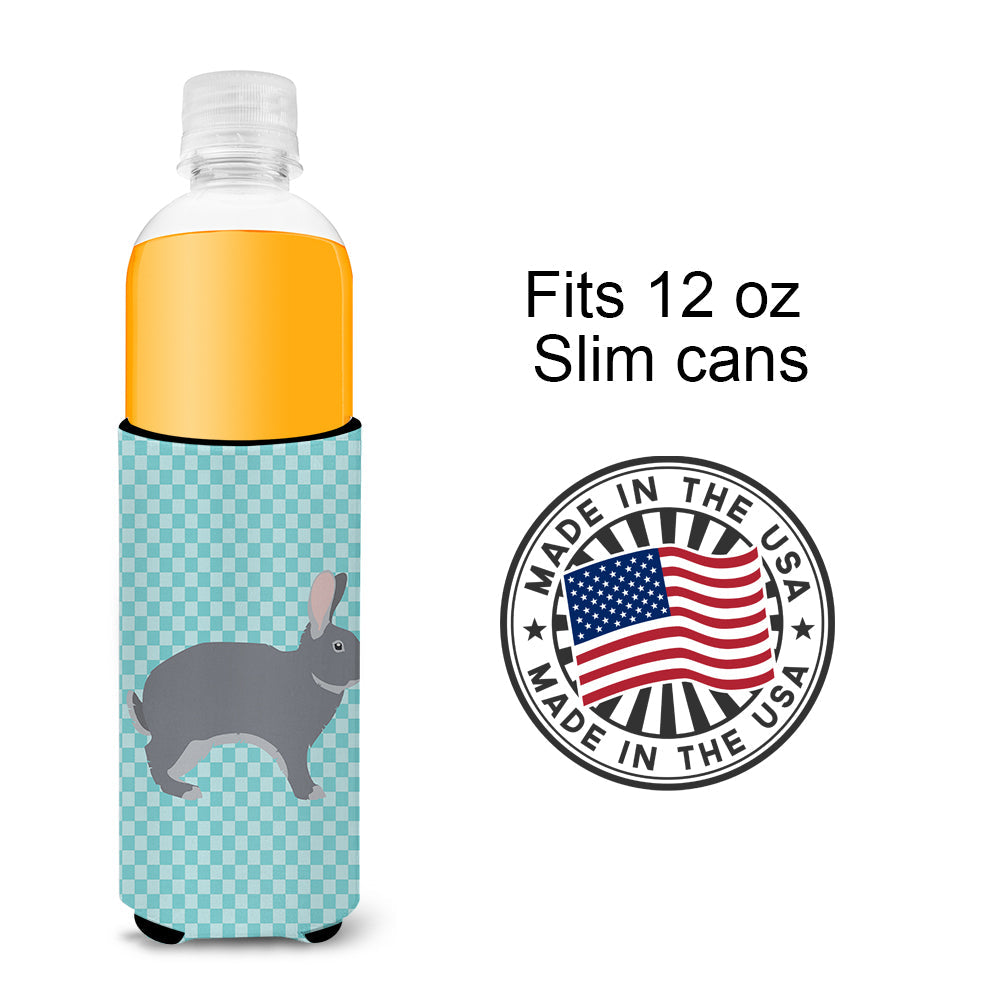 Giant Chinchilla Rabbit Blue Check Slim Can Hugger , Insulated Foam Hugger for 12 oz Slim Cans, Beer Bottles & Water Bottles, Printed in USA
