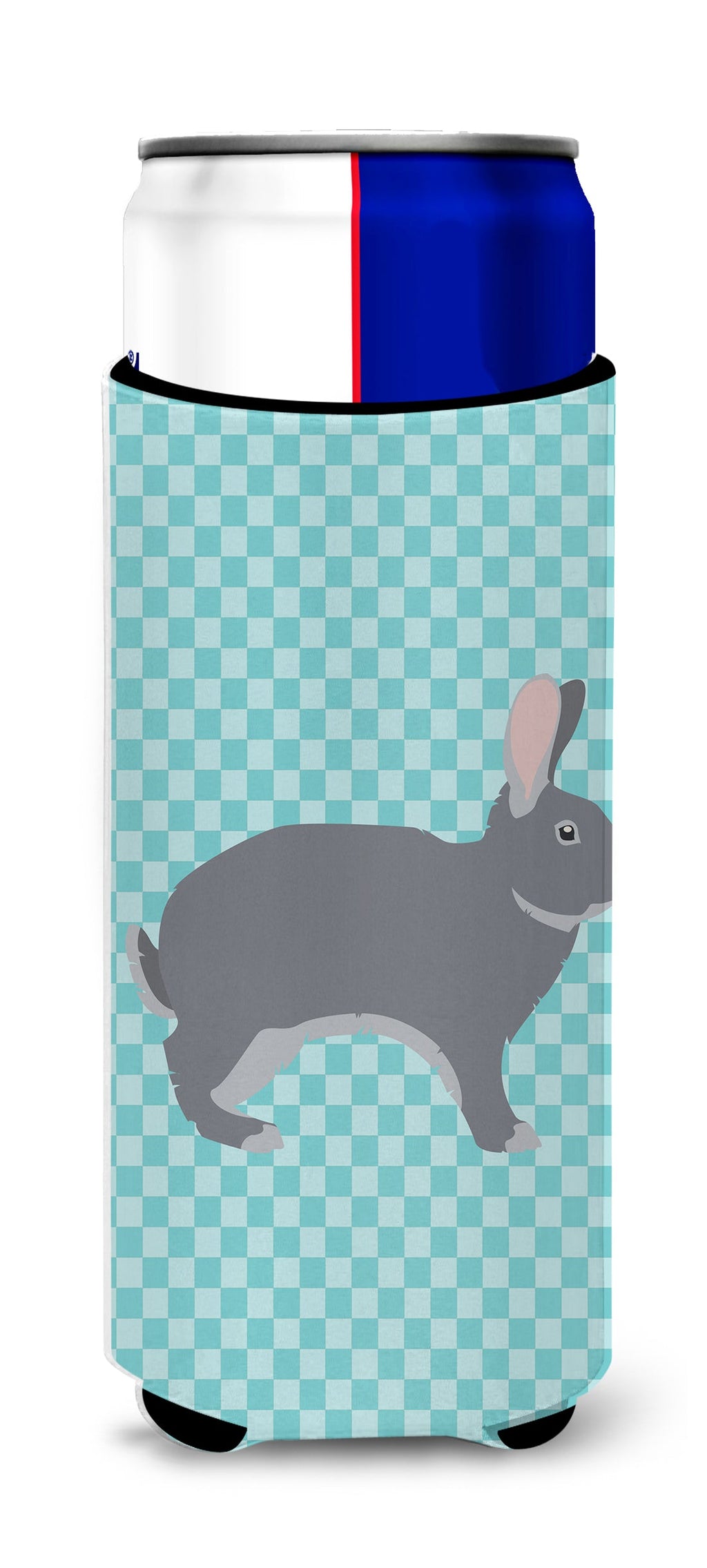 Giant Chinchilla Rabbit Blue Check Slim Can Hugger , Insulated Foam Hugger for 12 oz Slim Cans, Beer Bottles & Water Bottles, Printed in USA