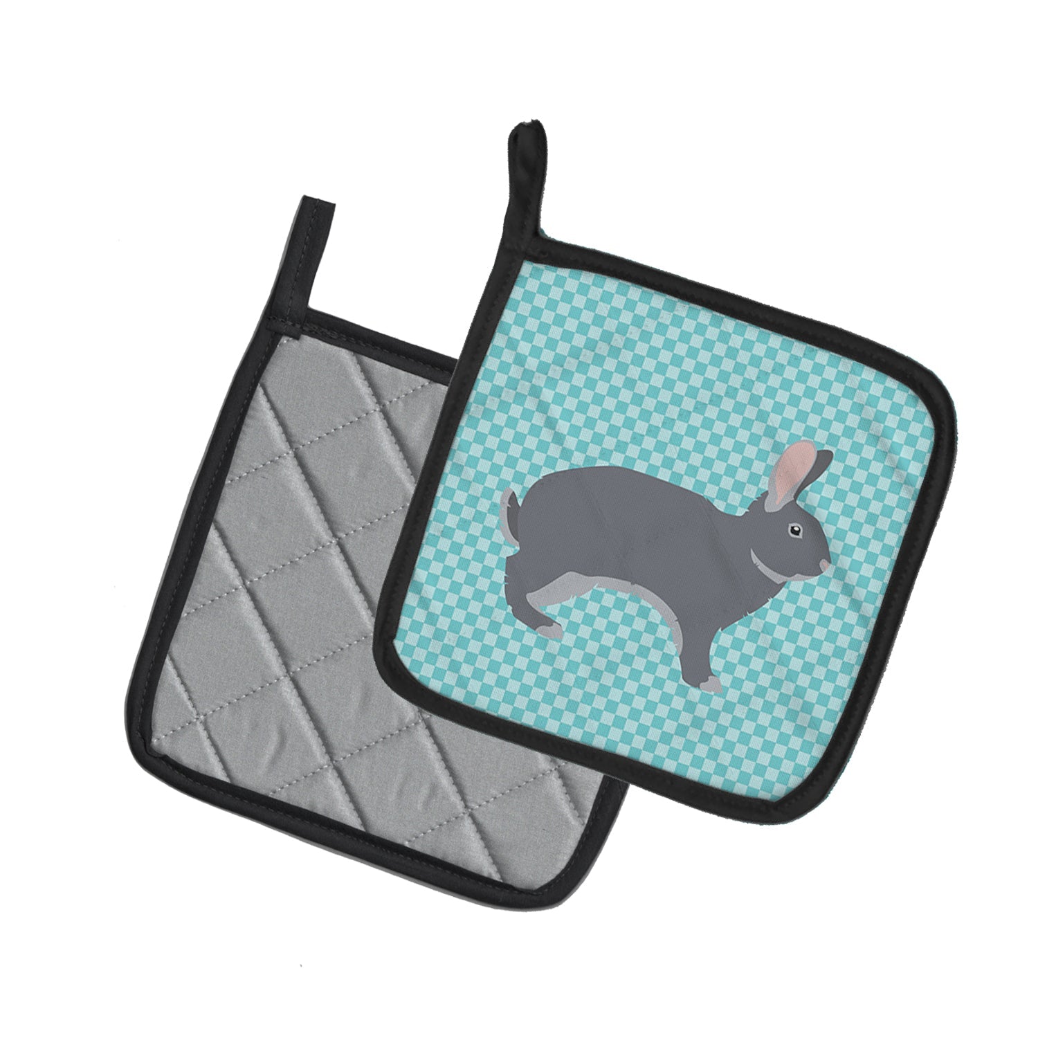 Giant Chinchilla Rabbit Blue Check Pot Holder Set of 2 Heat Resistant Quilted Hot Pads 7.5 x 7.5 Inch, Insulated Kitchen Trivets for Cooking & Baking