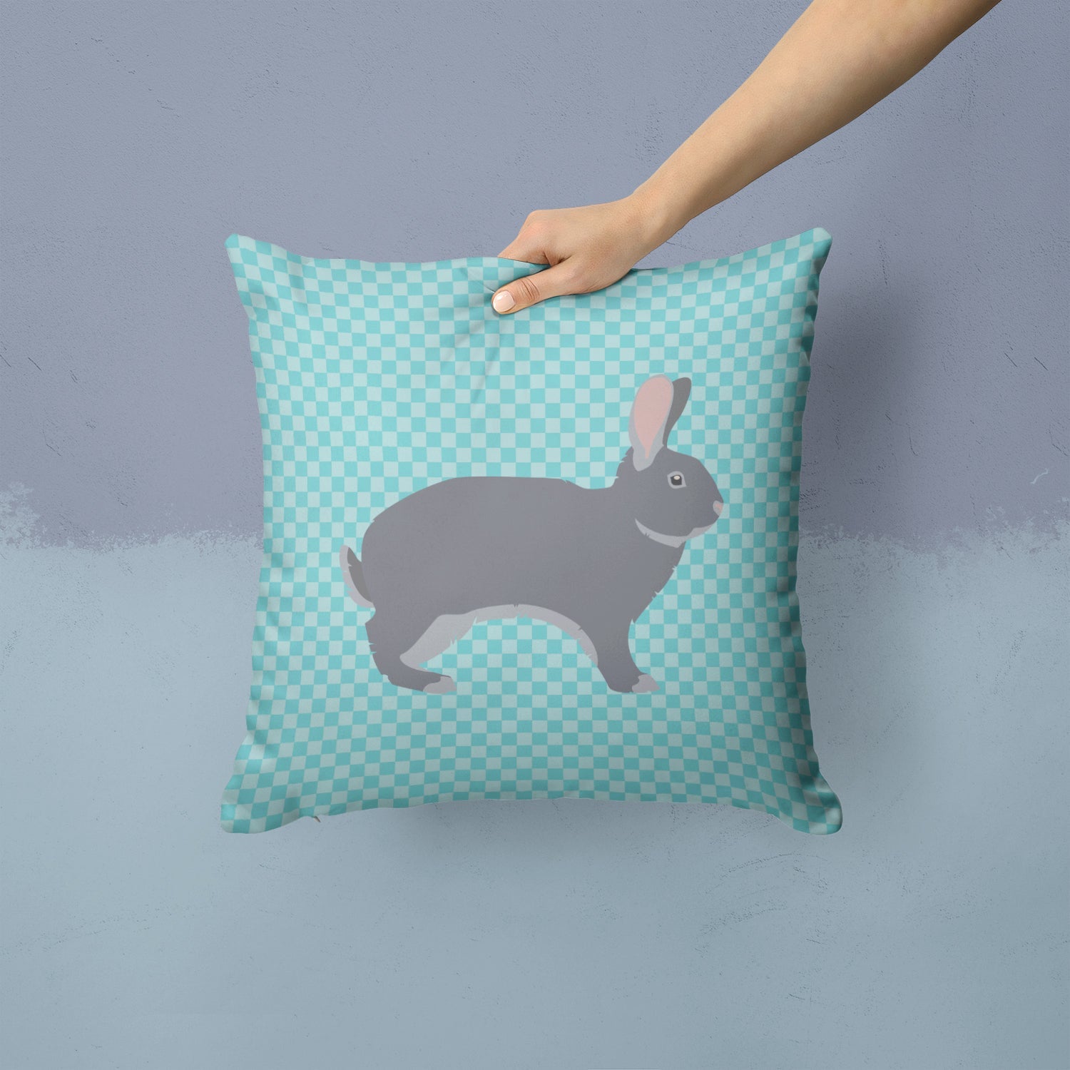 Giant Chinchilla Rabbit Blue Check Decorative Throw Pillow 14x14 Indoor Outdoor Accent Cushion, Fabric Cover with Insert for Sofa, Bed, Porch & Living Room