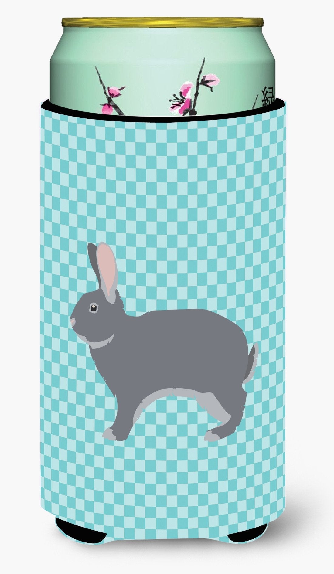 Giant Chinchilla Rabbit Blue Check Tall Boy Hugger Can Cooler Sleeve Machine Washable Drink Collapsible Insulator Beverage Insulated Holder