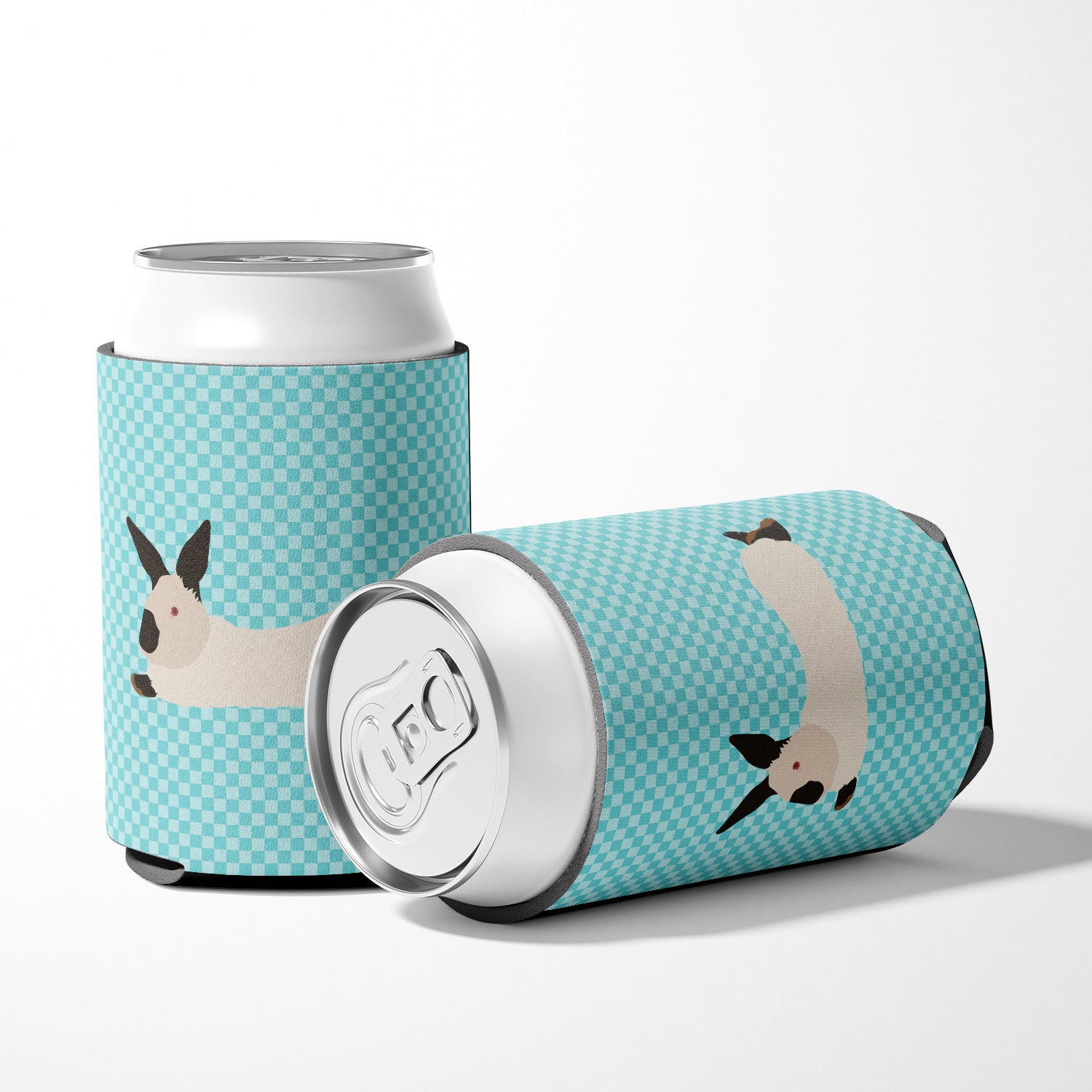 California White Rabbit Blue Check Can or Bottle Hugger Cooler Sleeve for Standard 12 oz Cans, Insulated Foam Beer & Soda Can Hugger Reusable