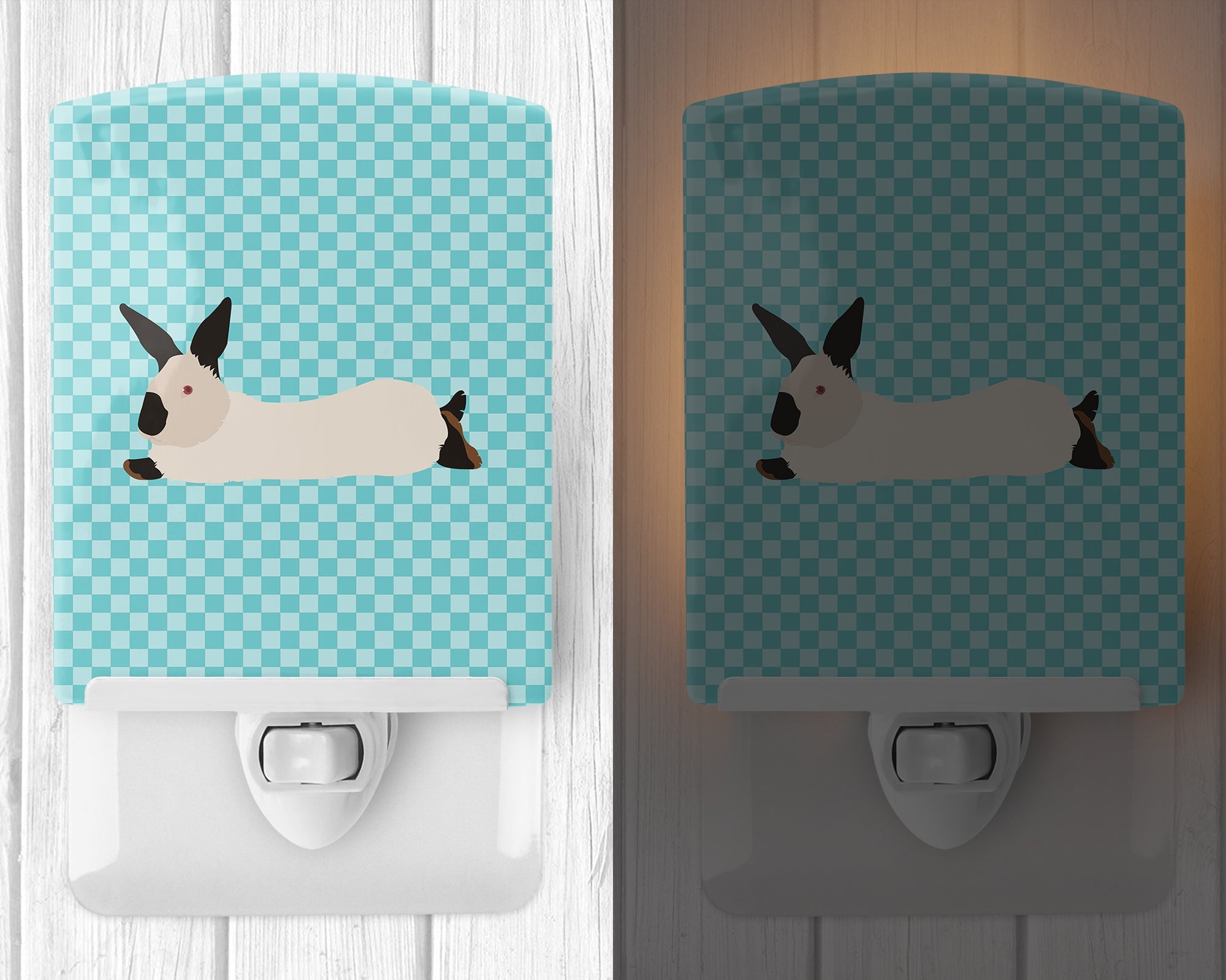 California White Rabbit Blue Check Ceramic Night Light Compact, UL-Certified, Ideal for Bedroom, Bathroom, Nursery, Hallway, Kitchen, 6x4x3, Multicolor