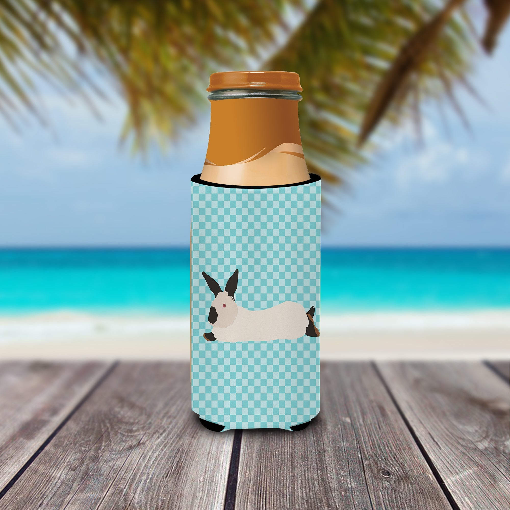 California White Rabbit Blue Check Slim Can Hugger , Insulated Foam Hugger for 12 oz Slim Cans, Beer Bottles & Water Bottles, Printed in USA
