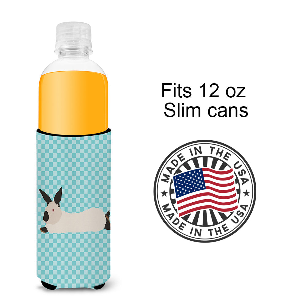 California White Rabbit Blue Check Slim Can Hugger , Insulated Foam Hugger for 12 oz Slim Cans, Beer Bottles & Water Bottles, Printed in USA