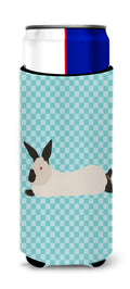 California White Rabbit Blue Check Slim Can Hugger , Insulated Foam Hugger for 12 oz Slim Cans, Beer Bottles & Water Bottles, Printed in USA