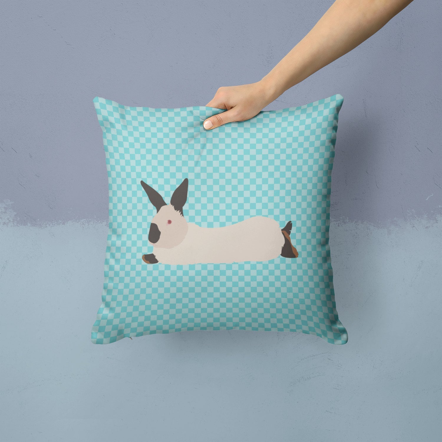 California White Rabbit Blue Check Decorative Throw Pillow 14x14 Indoor Outdoor Accent Cushion, Fabric Cover with Insert for Sofa, Bed, Porch & Living Room