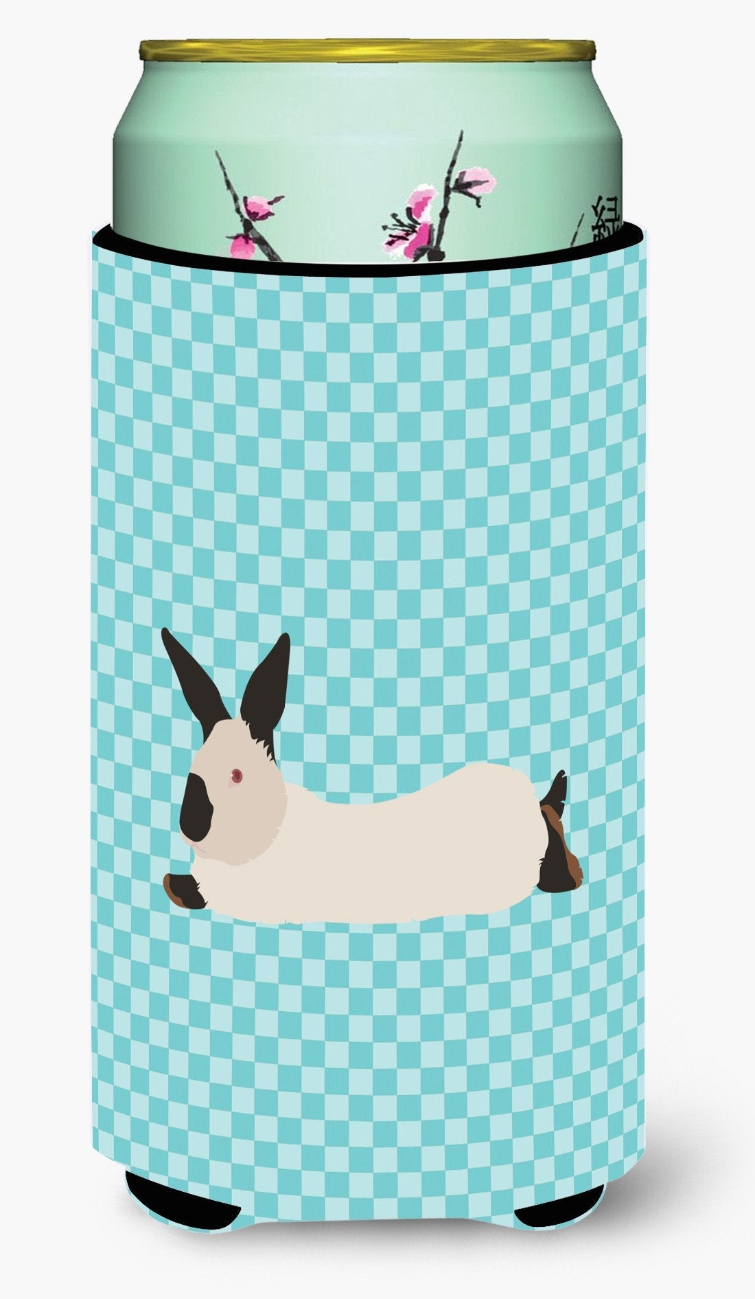 California White Rabbit Blue Check Tall Boy Hugger Can Cooler Sleeve Machine Washable Drink Collapsible Insulator Beverage Insulated Holder