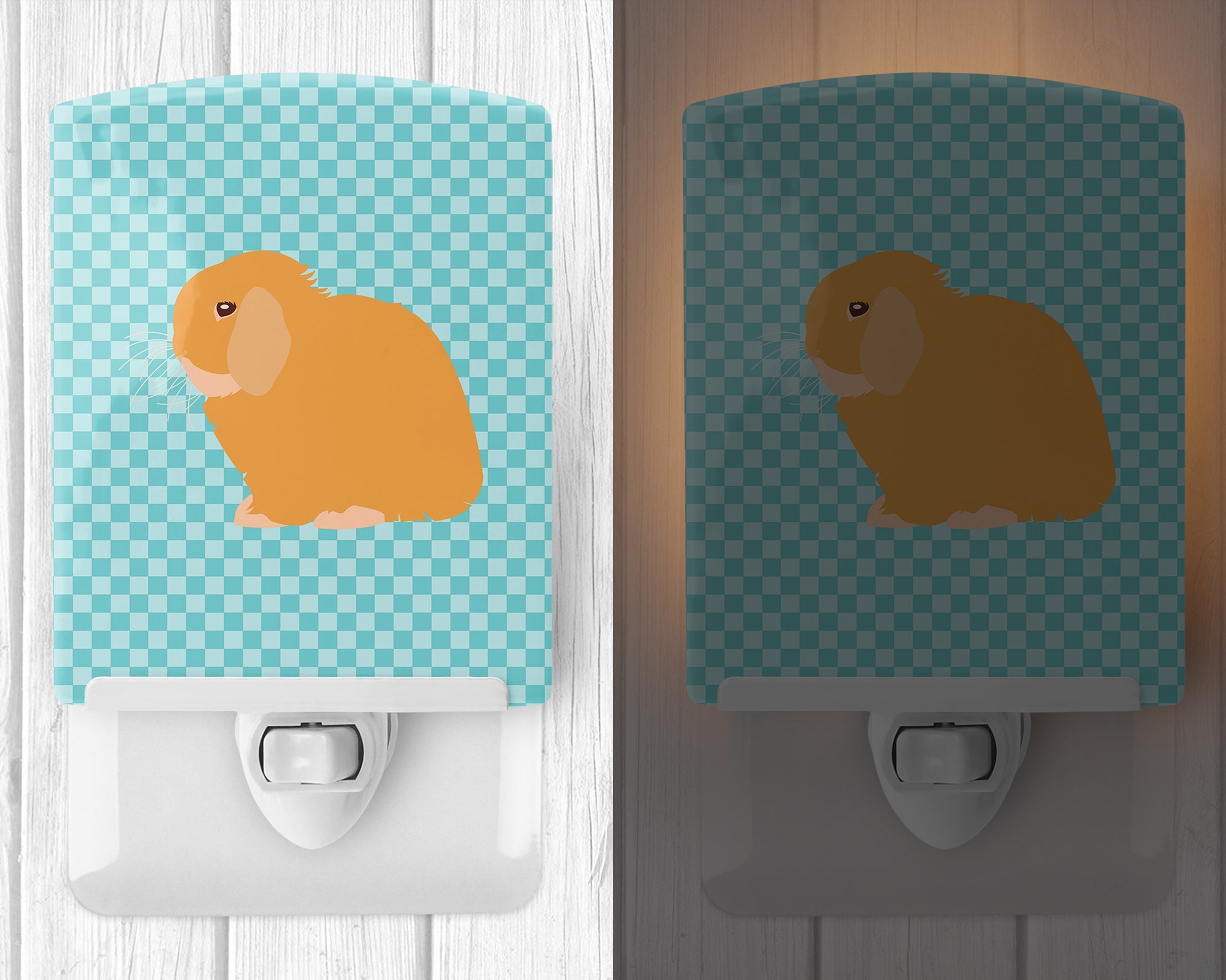 Holland Lop Rabbit Blue Check Ceramic Night Light Compact, UL-Certified, Ideal for Bedroom, Bathroom, Nursery, Hallway, Kitchen, 6x4x3, Multicolor