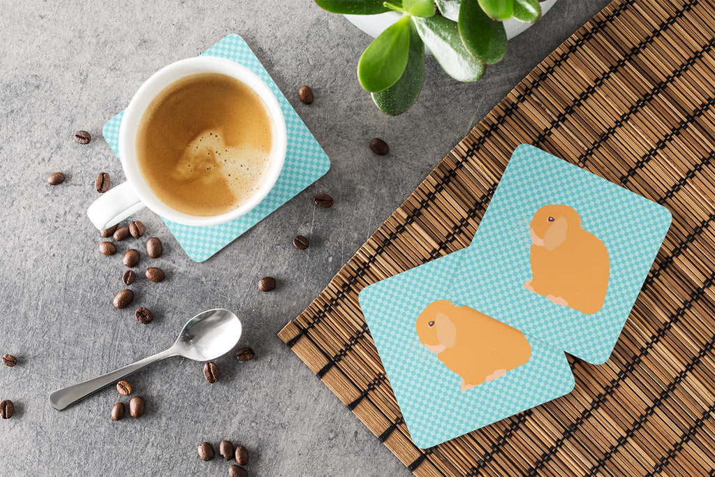 Holland Lop Rabbit Blue Check Foam Coasters Set of 4 Cup Coasters for Indoor Outdoor, Tabletop Protection, Anti Slip, Mouse pad Material