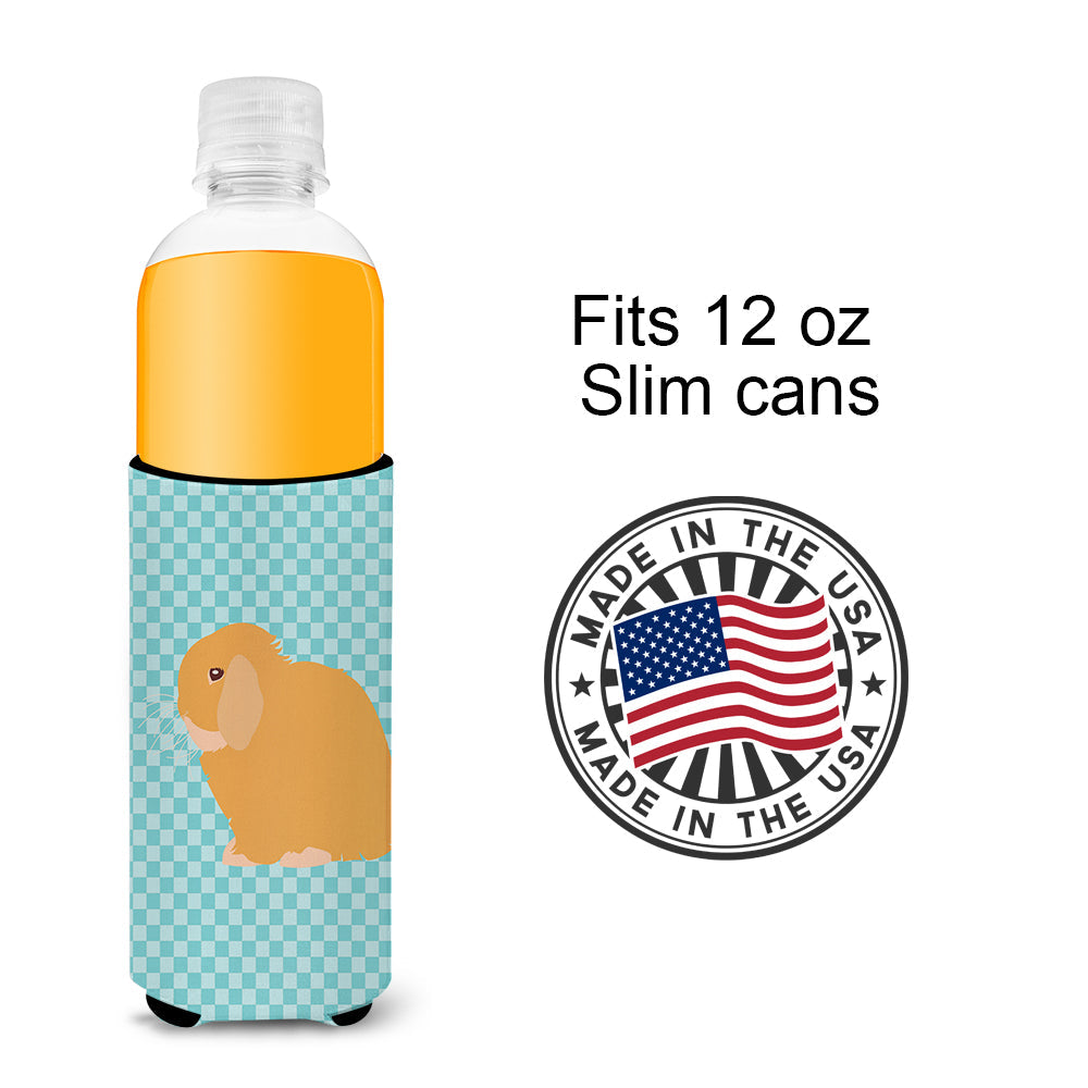 Holland Lop Rabbit Blue Check Slim Can Hugger , Insulated Foam Hugger for 12 oz Slim Cans, Beer Bottles & Water Bottles, Printed in USA