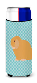 Holland Lop Rabbit Blue Check Slim Can Hugger , Insulated Foam Hugger for 12 oz Slim Cans, Beer Bottles & Water Bottles, Printed in USA
