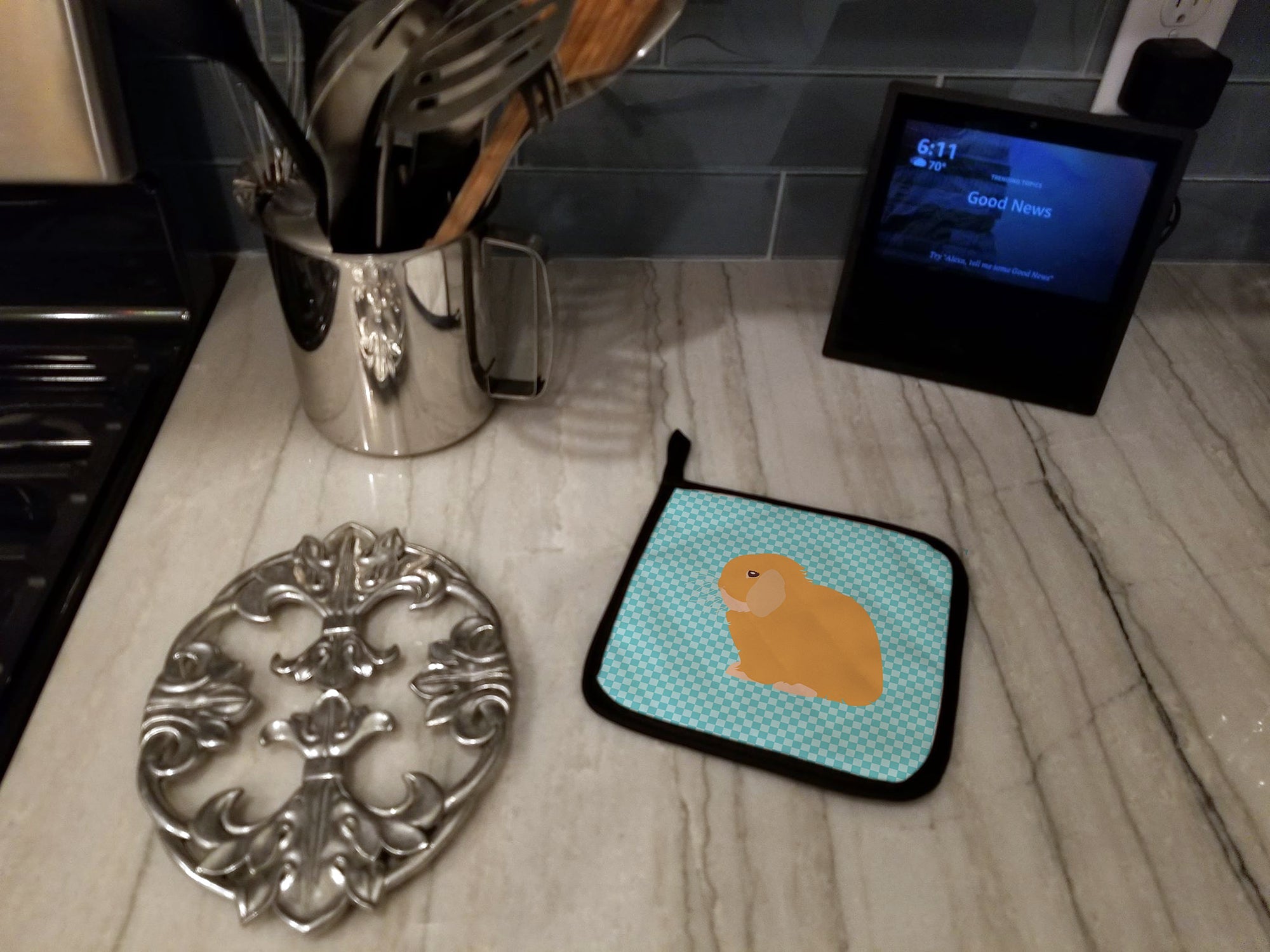 Holland Lop Rabbit Blue Check Pot Holder Set of 2 Heat Resistant Quilted Hot Pads 7.5 x 7.5 Inch, Insulated Kitchen Trivets for Cooking & Baking