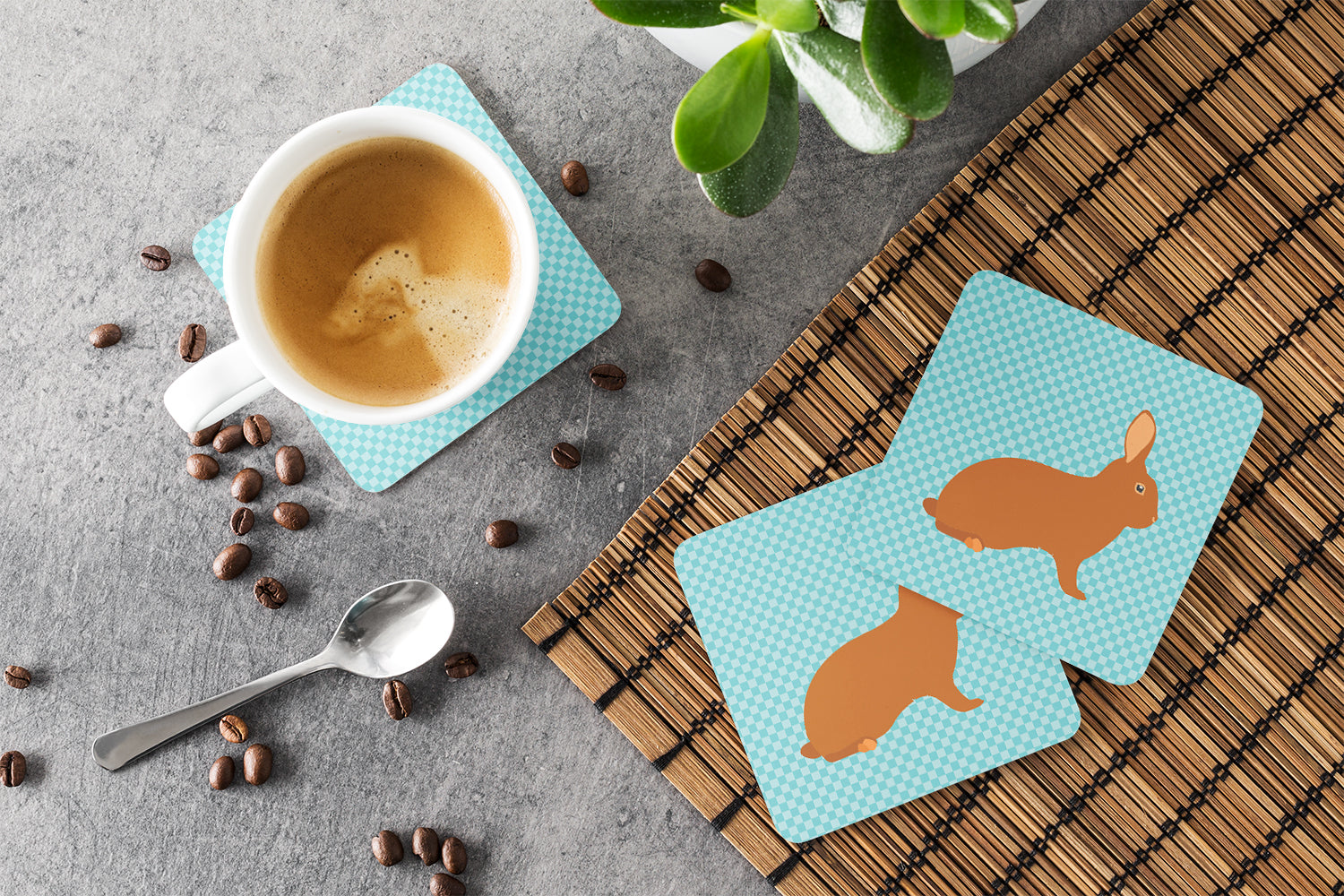 Rex Rabbit Blue Check Foam Coasters Set of 4 Cup Coasters for Indoor Outdoor, Tabletop Protection, Anti Slip, Mouse pad Material