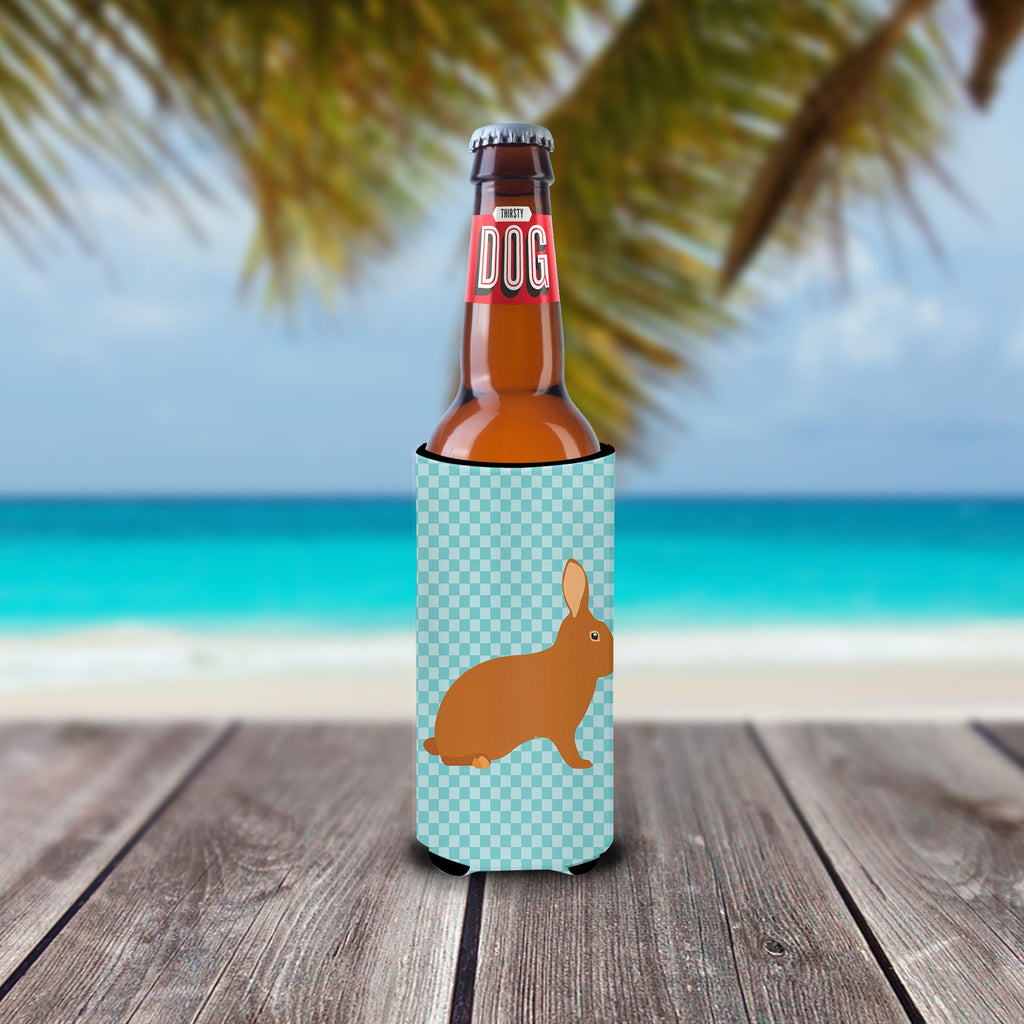 Rex Rabbit Blue Check Slim Can Hugger , Insulated Foam Hugger for 12 oz Slim Cans, Beer Bottles & Water Bottles, Printed in USA