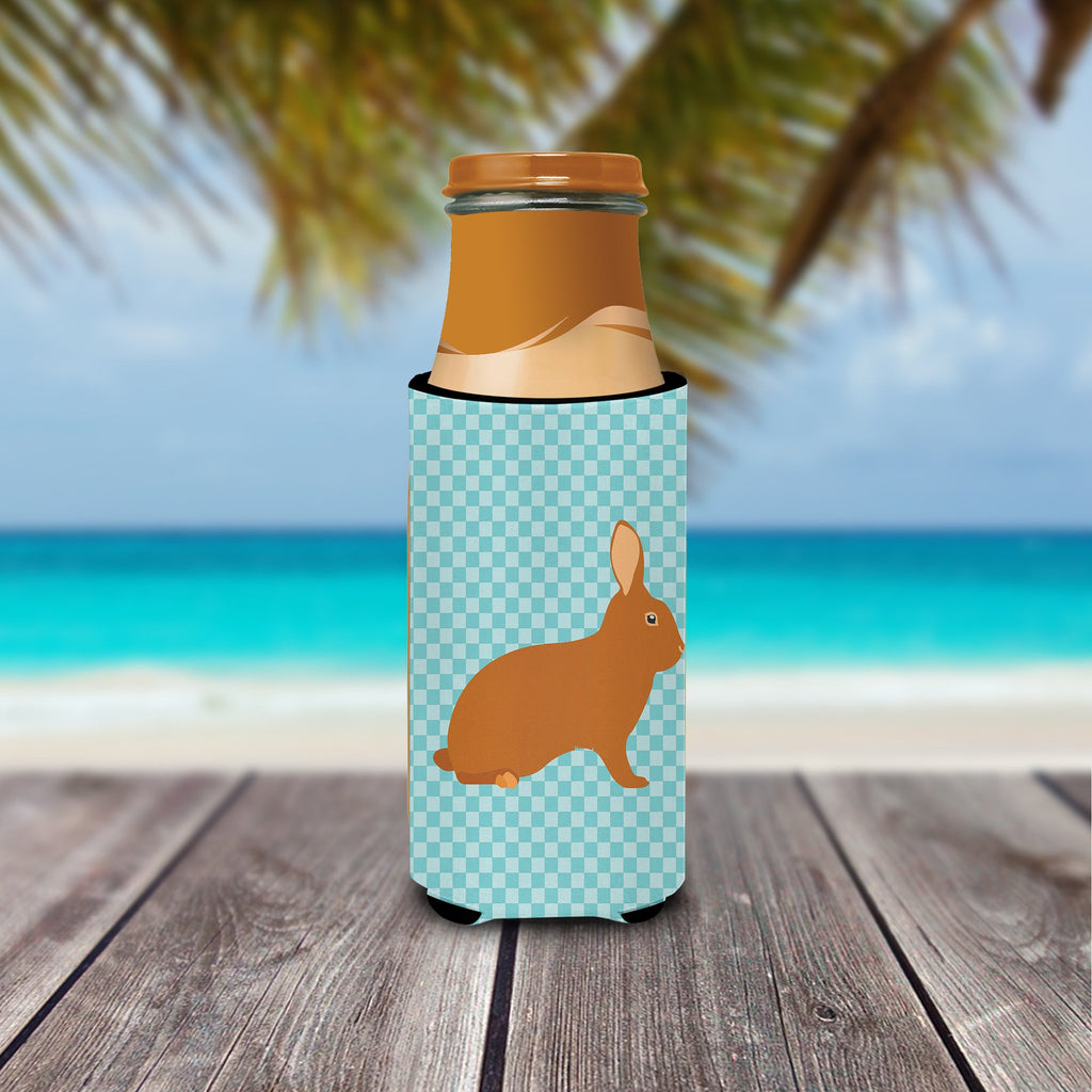 Rex Rabbit Blue Check Slim Can Hugger , Insulated Foam Hugger for 12 oz Slim Cans, Beer Bottles & Water Bottles, Printed in USA