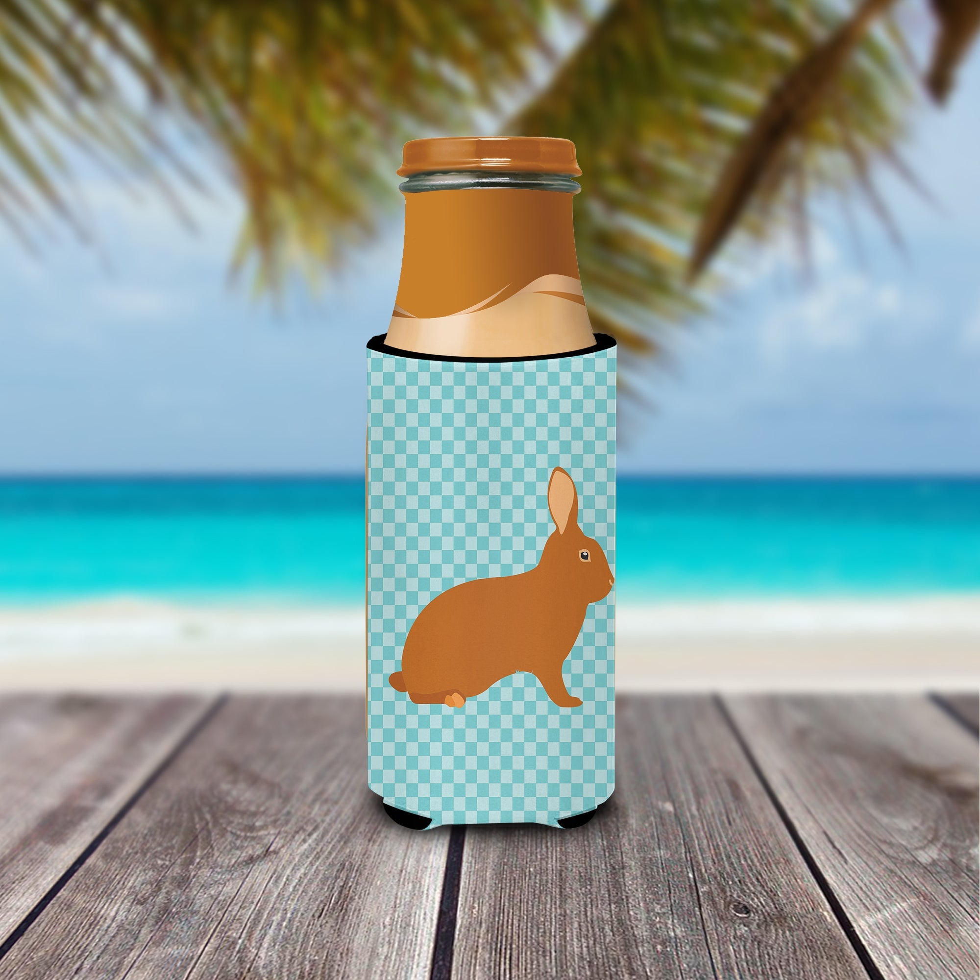 Rex Rabbit Blue Check Slim Can Hugger , Insulated Foam Hugger for 12 oz Slim Cans, Beer Bottles & Water Bottles, Printed in USA