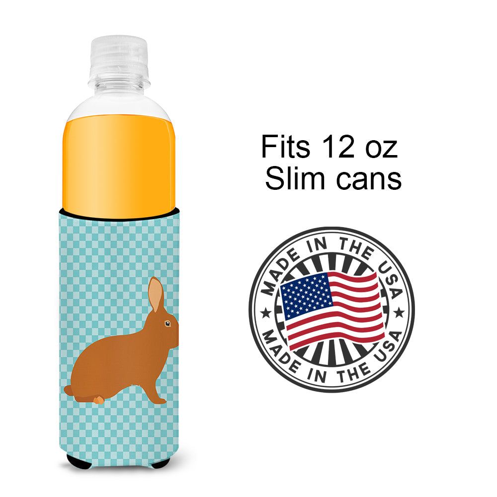 Rex Rabbit Blue Check Slim Can Hugger , Insulated Foam Hugger for 12 oz Slim Cans, Beer Bottles & Water Bottles, Printed in USA