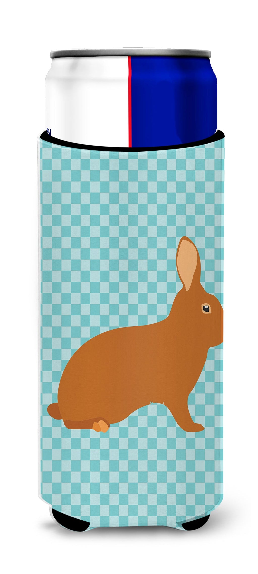 Rex Rabbit Blue Check Slim Can Hugger , Insulated Foam Hugger for 12 oz Slim Cans, Beer Bottles & Water Bottles, Printed in USA