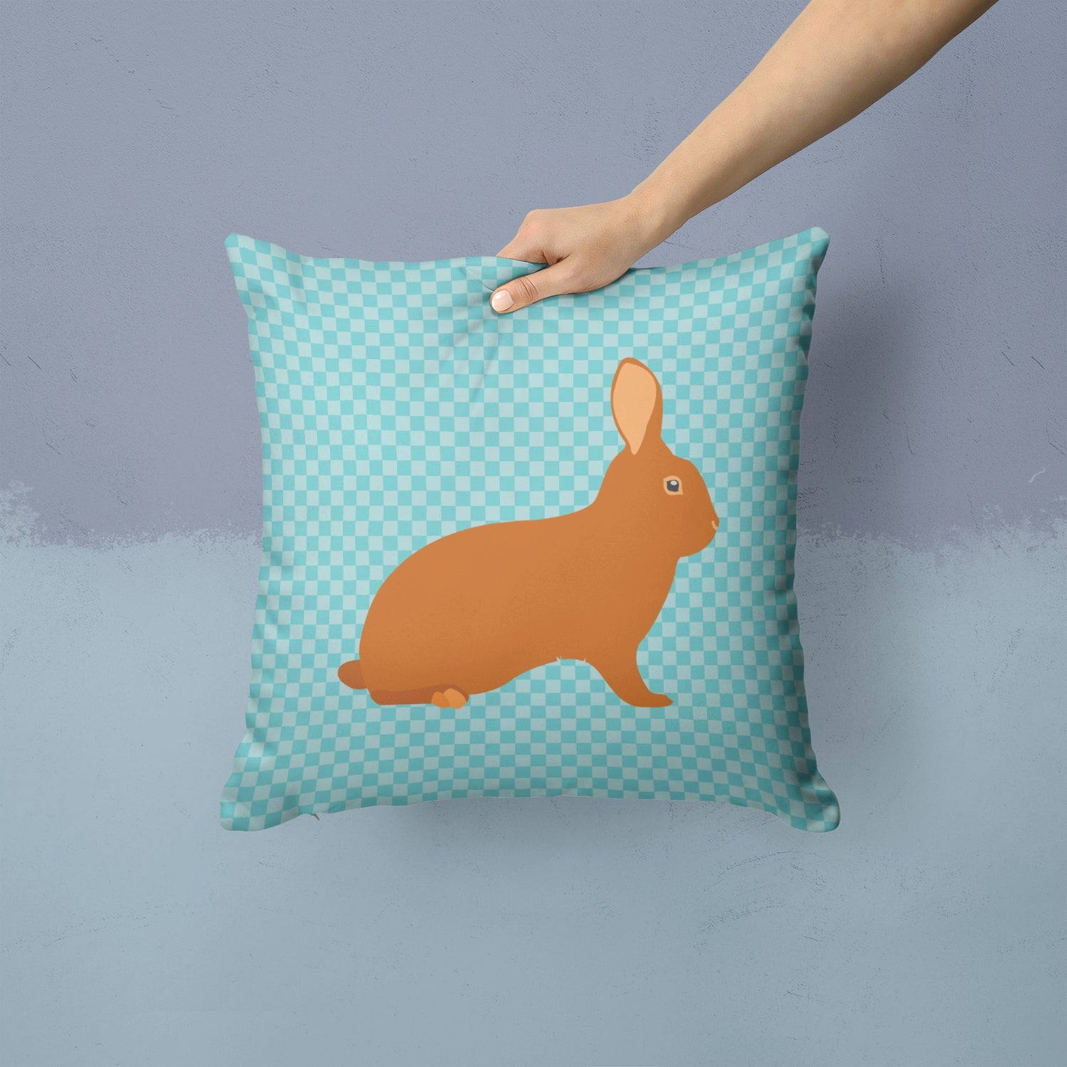 Rex Rabbit Blue Check Decorative Throw Pillow 14x14 Indoor Outdoor Accent Cushion, Fabric Cover with Insert for Sofa, Bed, Porch & Living Room