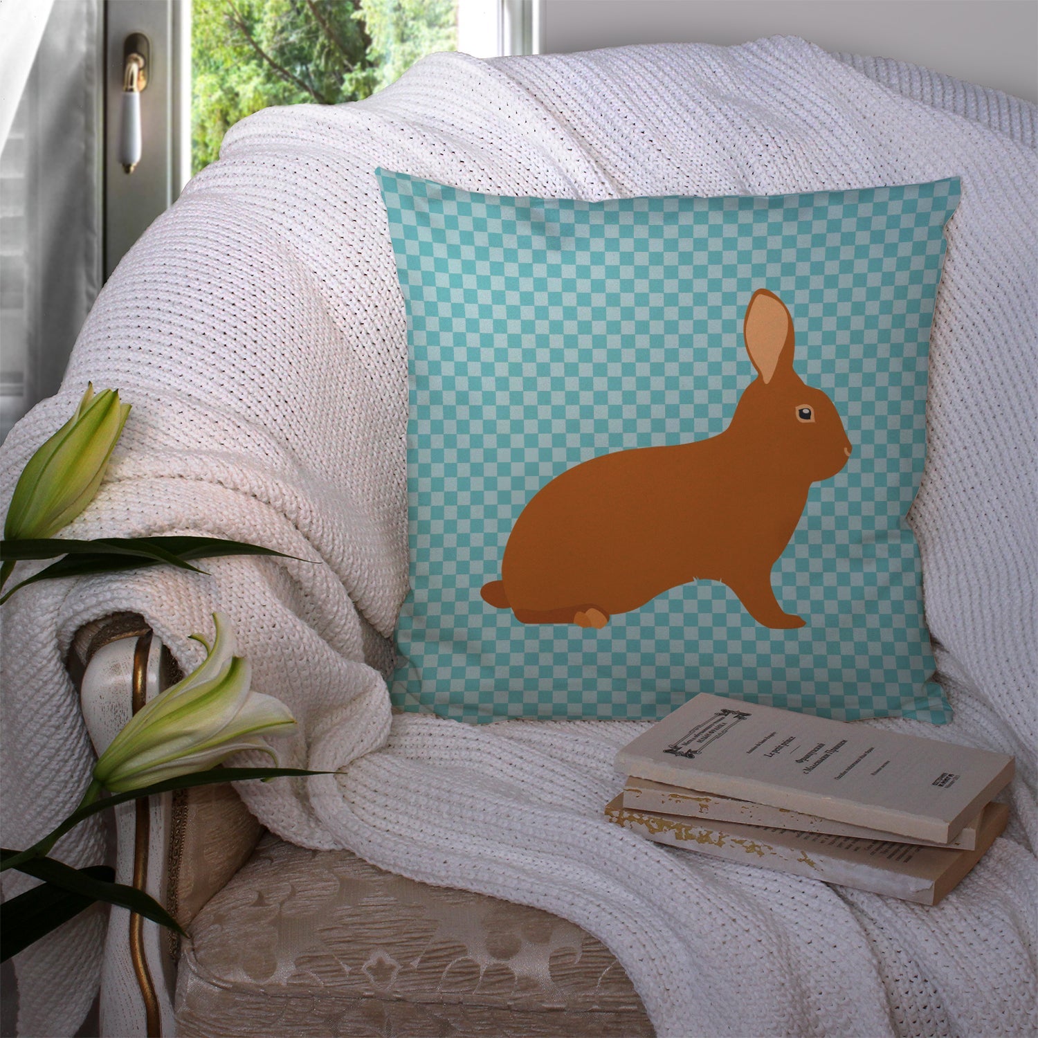 Rex Rabbit Blue Check Decorative Throw Pillow 14x14 Indoor Outdoor Accent Cushion, Fabric Cover with Insert for Sofa, Bed, Porch & Living Room