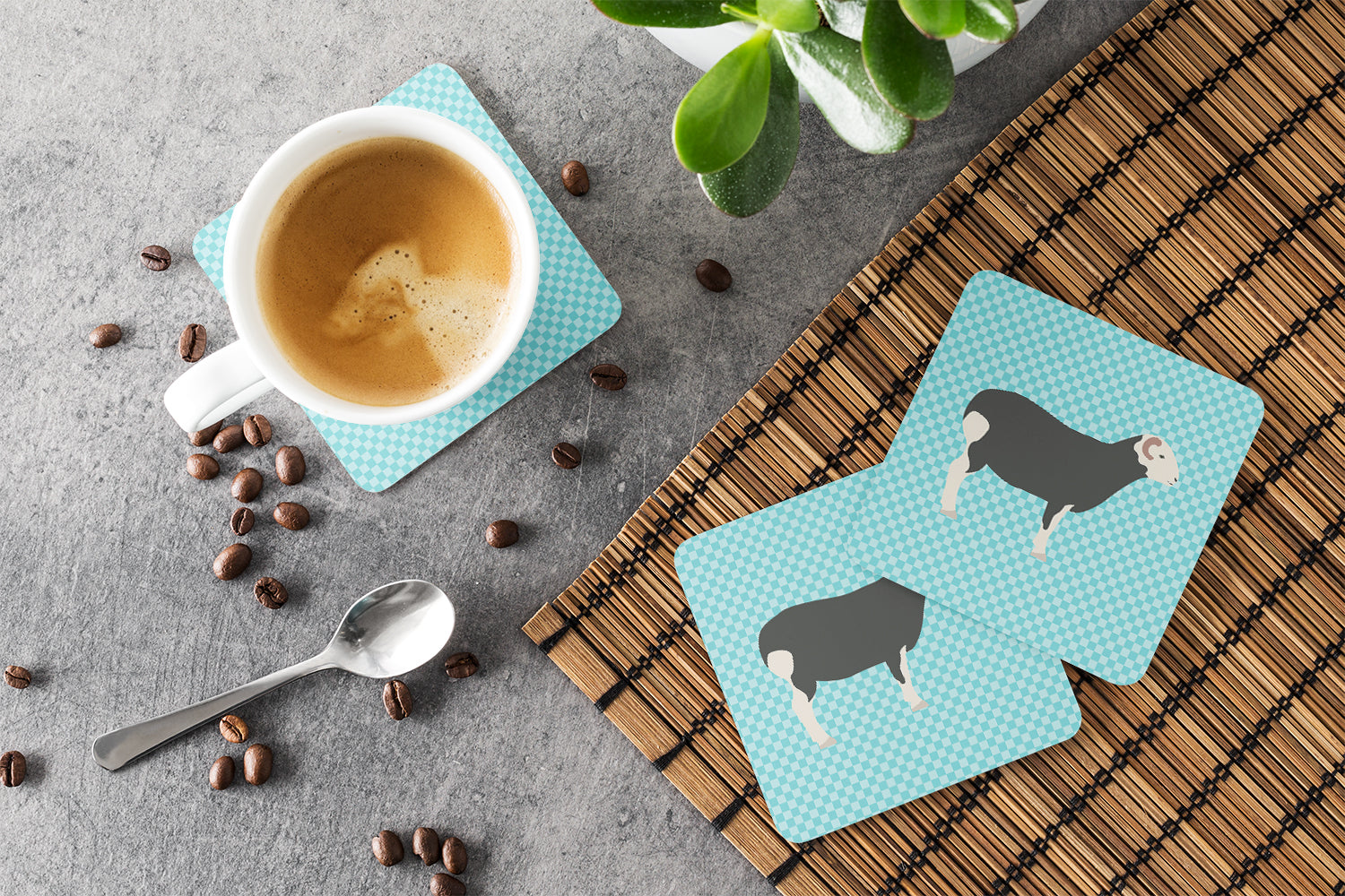 Herwick Sheep Blue Check Foam Coasters Set of 4 Cup Coasters for Indoor Outdoor, Tabletop Protection, Anti Slip, Mouse pad Material
