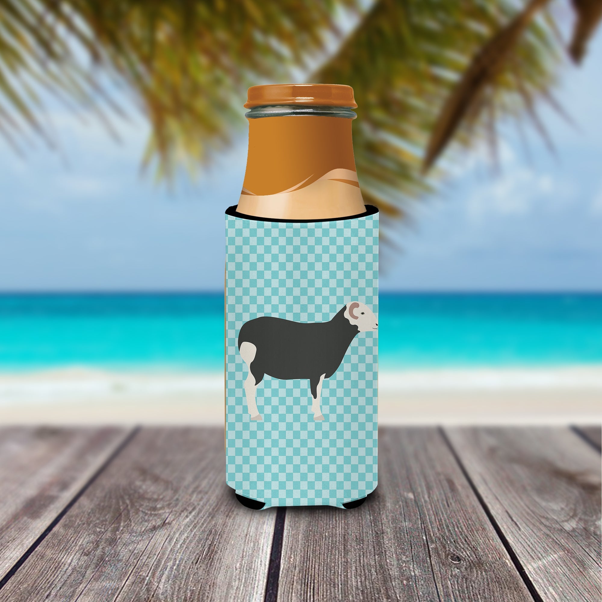 Herwick Sheep Blue Check Slim Can Hugger , Insulated Foam Hugger for 12 oz Slim Cans, Beer Bottles & Water Bottles, Printed in USA