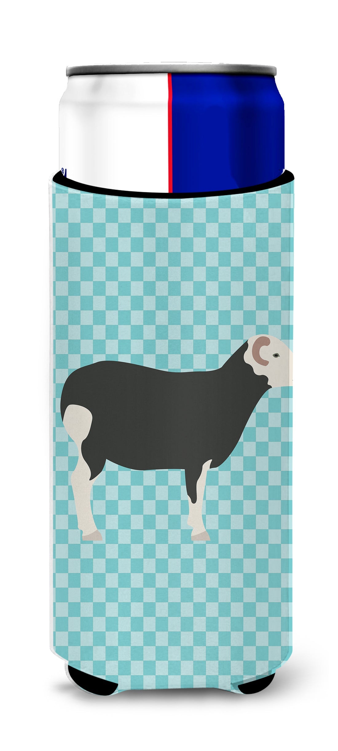 Herwick Sheep Blue Check Slim Can Hugger , Insulated Foam Hugger for 12 oz Slim Cans, Beer Bottles & Water Bottles, Printed in USA
