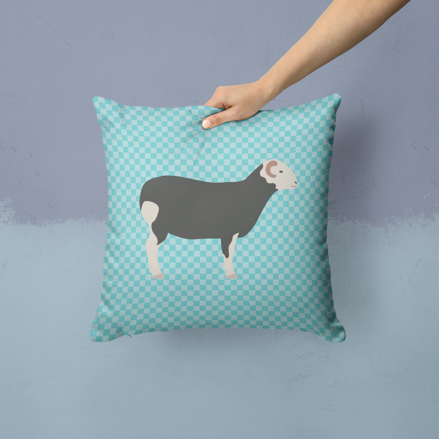 Herwick Sheep Blue Check Decorative Throw Pillow 14x14 Indoor Outdoor Accent Cushion, Fabric Cover with Insert for Sofa, Bed, Porch & Living Room
