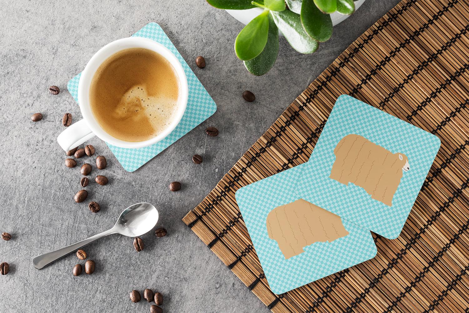 Lincoln Longwool Sheep Blue Check Foam Coasters Set of 4 Cup Coasters for Indoor Outdoor, Tabletop Protection, Anti Slip, Mouse pad Material