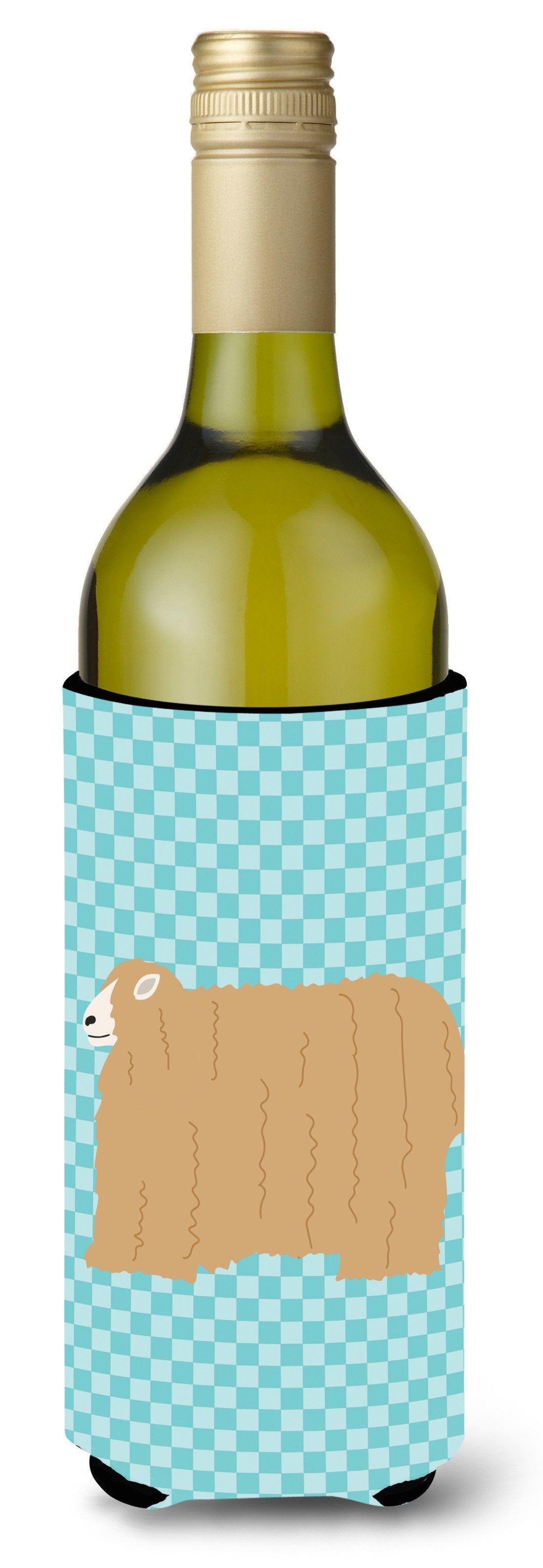 Lincoln Longwool Sheep Blue Check Wine Bottle Hugger Gift Sleeve for Standard 750 ml Bottles, Insulated Reusable Also Fits Mini Shot & Pint Bottles