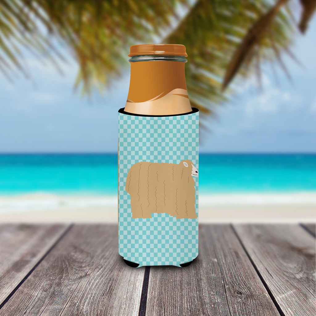 Lincoln Longwool Sheep Blue Check Slim Can Hugger , Insulated Foam Hugger for 12 oz Slim Cans, Beer Bottles & Water Bottles, Printed in USA
