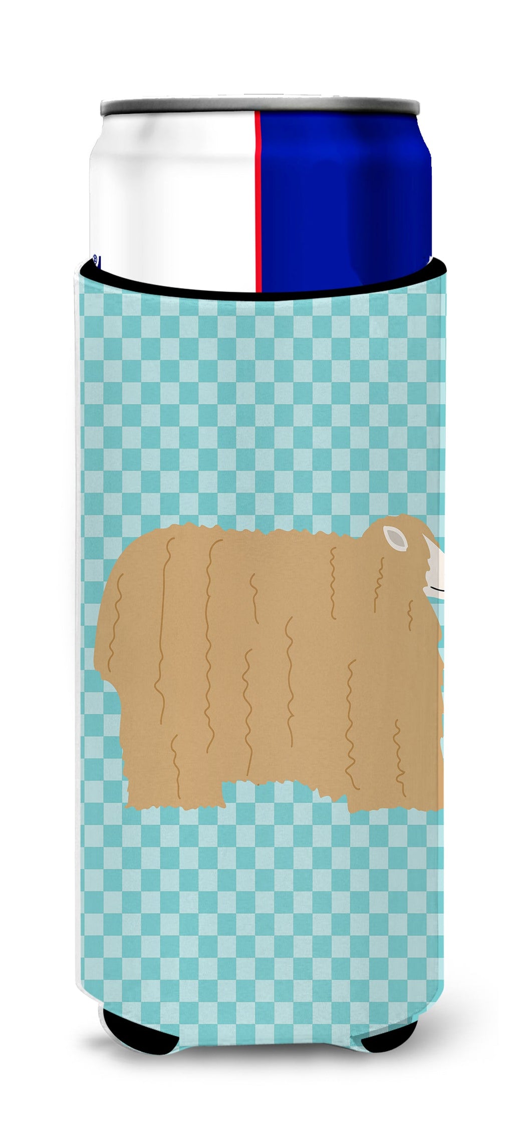 Lincoln Longwool Sheep Blue Check Slim Can Hugger , Insulated Foam Hugger for 12 oz Slim Cans, Beer Bottles & Water Bottles, Printed in USA