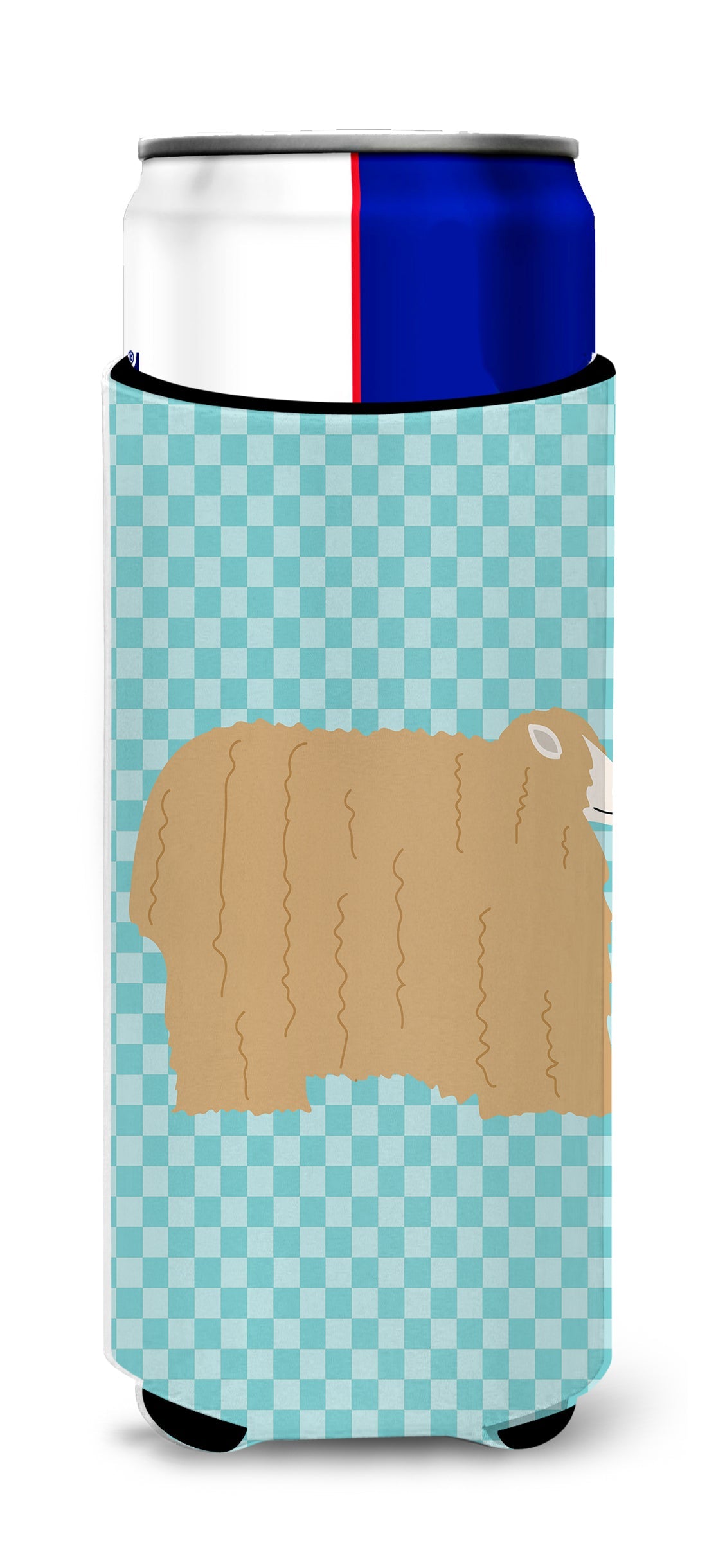 Lincoln Longwool Sheep Blue Check Slim Can Hugger , Insulated Foam Hugger for 12 oz Slim Cans, Beer Bottles & Water Bottles, Printed in USA
