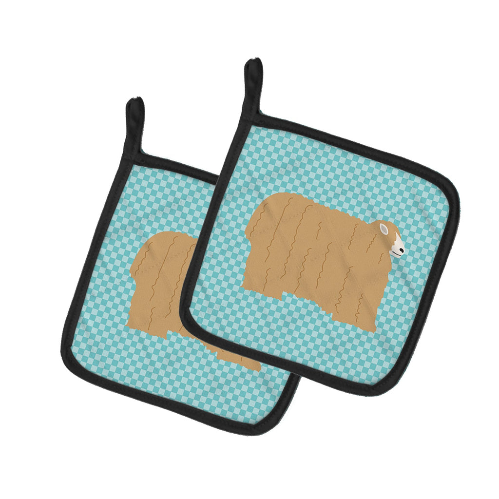 Lincoln Longwool Sheep Blue Check Pot Holder Set of 2 Heat Resistant Quilted Hot Pads 7.5 x 7.5 Inch, Insulated Kitchen Trivets for Cooking & Baking