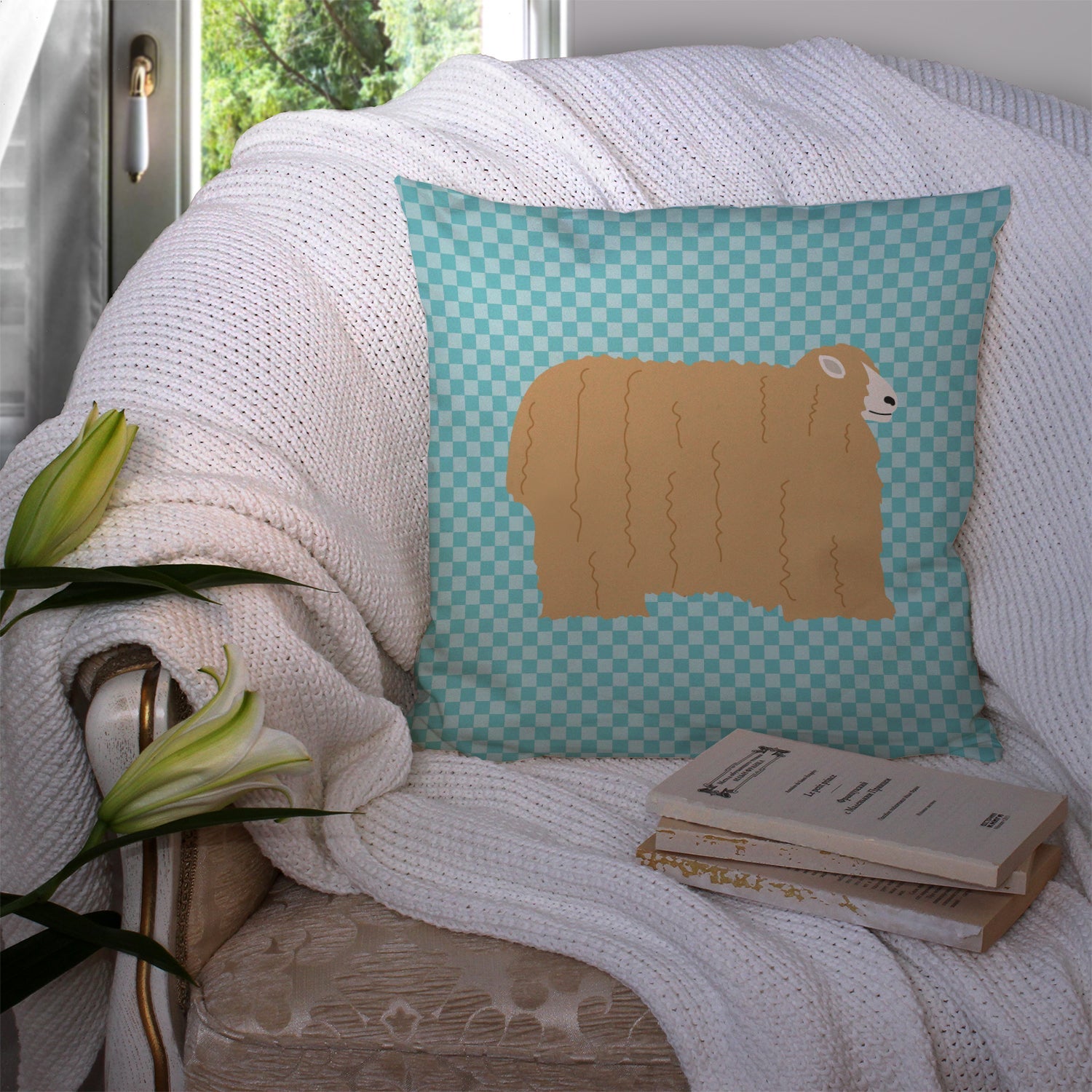 Lincoln Longwool Sheep Blue Check Decorative Throw Pillow 14x14 Indoor Outdoor Accent Cushion, Fabric Cover with Insert for Sofa, Bed, Porch & Living Room