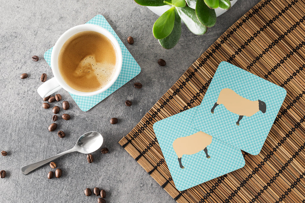 Suffolk Sheep Blue Check Foam Coasters Set of 4 Cup Coasters for Indoor Outdoor, Tabletop Protection, Anti Slip, Mouse pad Material