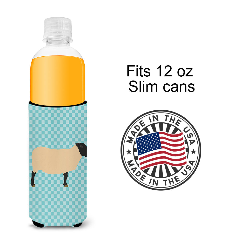 Suffolk Sheep Blue Check Slim Can Hugger , Insulated Foam Hugger for 12 oz Slim Cans, Beer Bottles & Water Bottles, Printed in USA