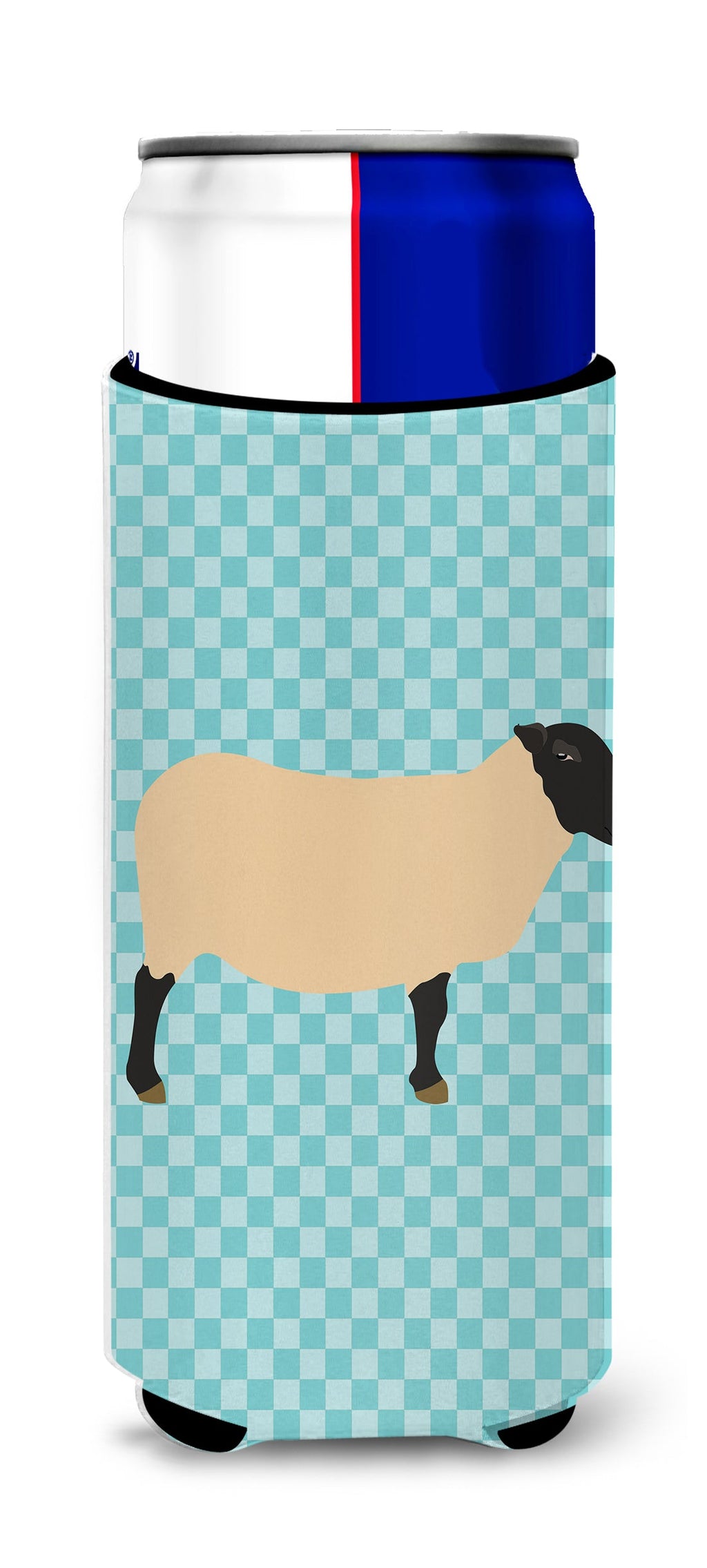 Suffolk Sheep Blue Check Slim Can Hugger , Insulated Foam Hugger for 12 oz Slim Cans, Beer Bottles & Water Bottles, Printed in USA