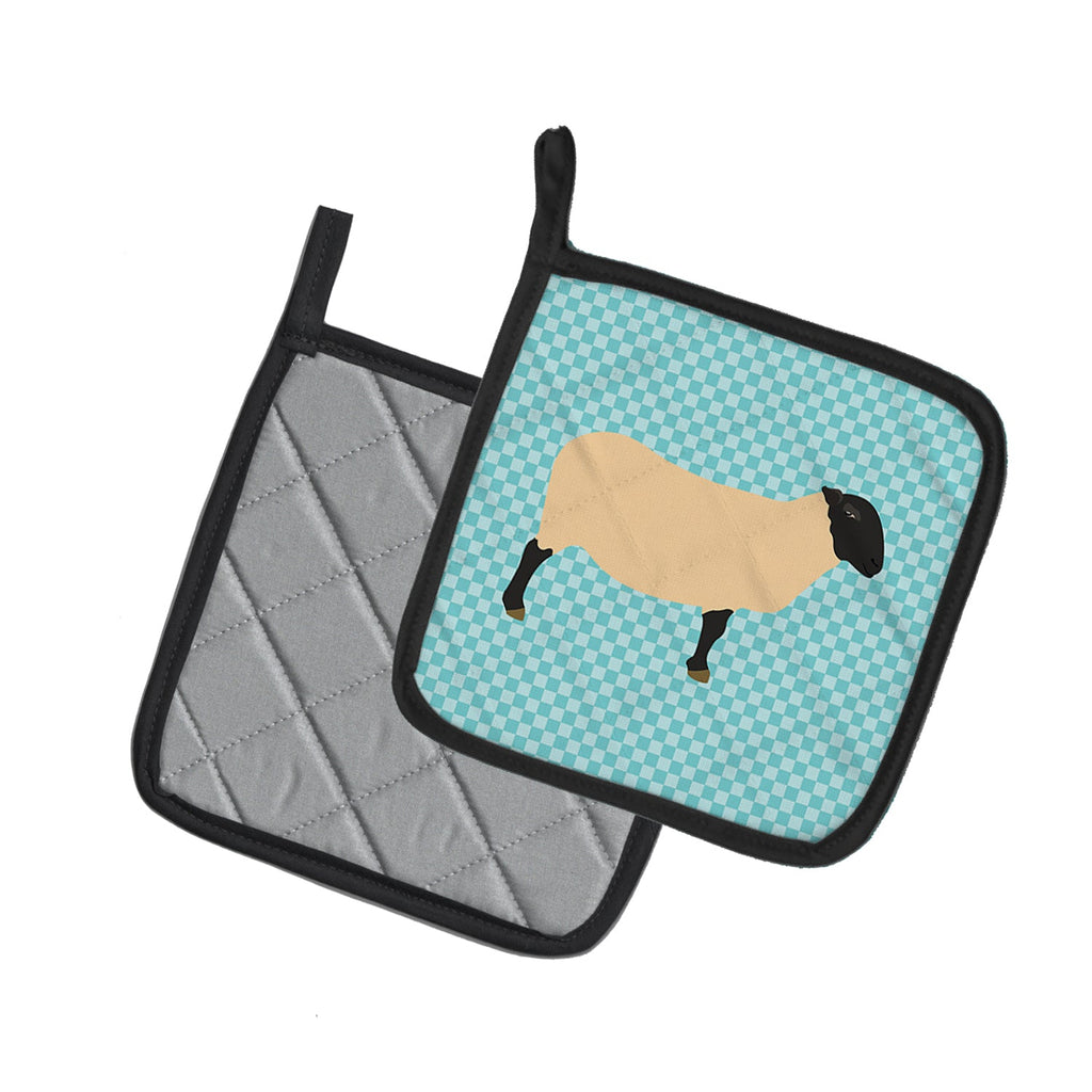 Suffolk Sheep Blue Check Pot Holder Set of 2 Heat Resistant Quilted Hot Pads 7.5 x 7.5 Inch, Insulated Kitchen Trivets for Cooking & Baking