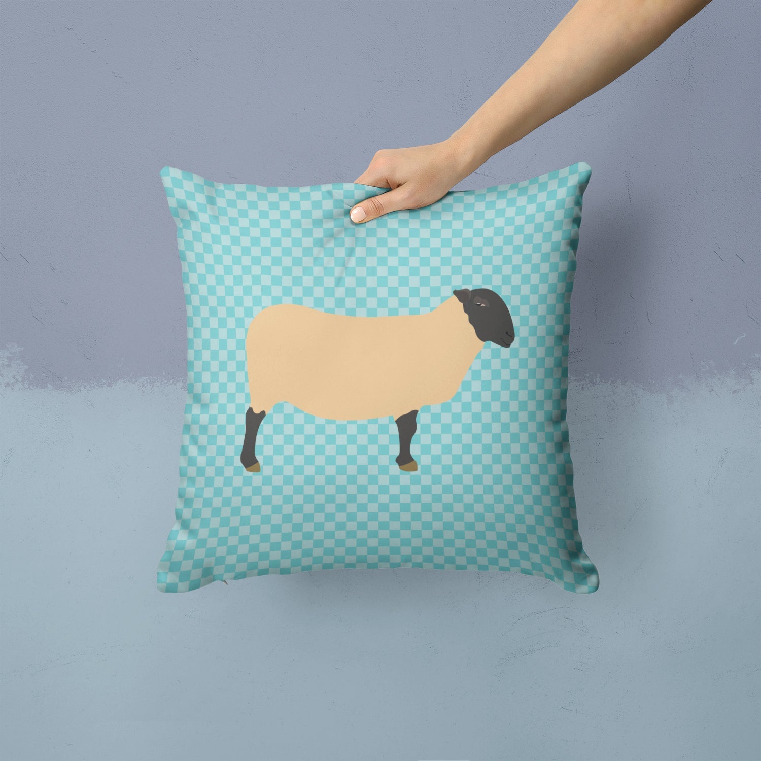 Suffolk Sheep Blue Check Decorative Throw Pillow 14x14 Indoor Outdoor Accent Cushion, Fabric Cover with Insert for Sofa, Bed, Porch & Living Room