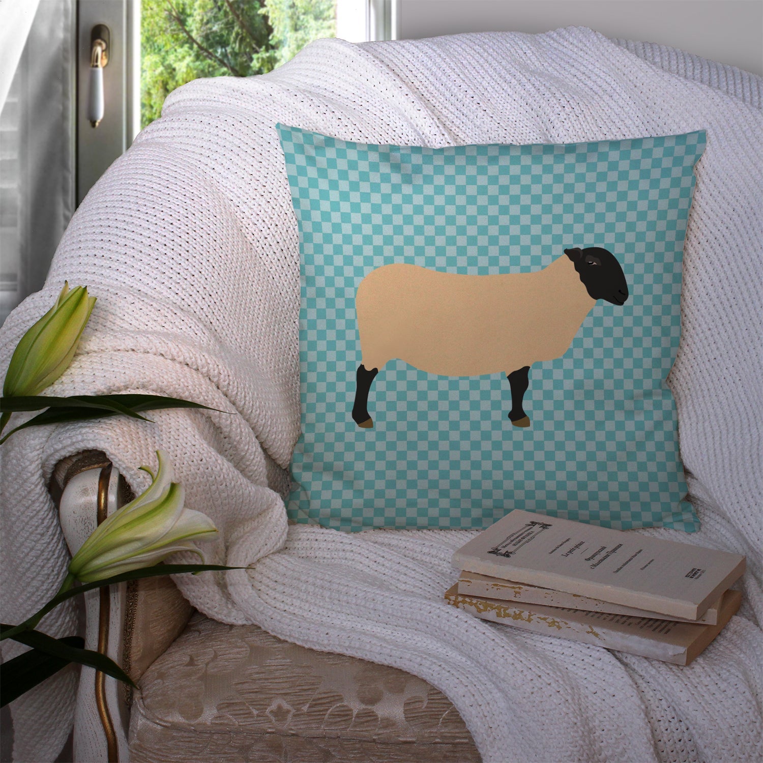 Suffolk Sheep Blue Check Decorative Throw Pillow 14x14 Indoor Outdoor Accent Cushion, Fabric Cover with Insert for Sofa, Bed, Porch & Living Room